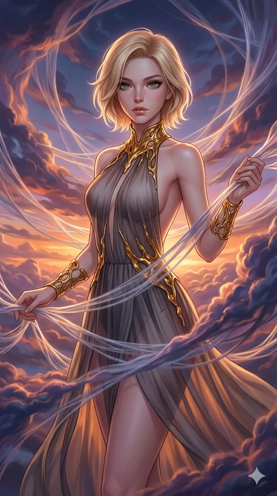 score_9, masterpiece, best quality, ultra-detailed, high-budget anime keyframe, Caucasian woman, strictly human ears. upper body close-up from the thighs up, character filling the screen for maximum presence. threading through a volumetric cloud weav
