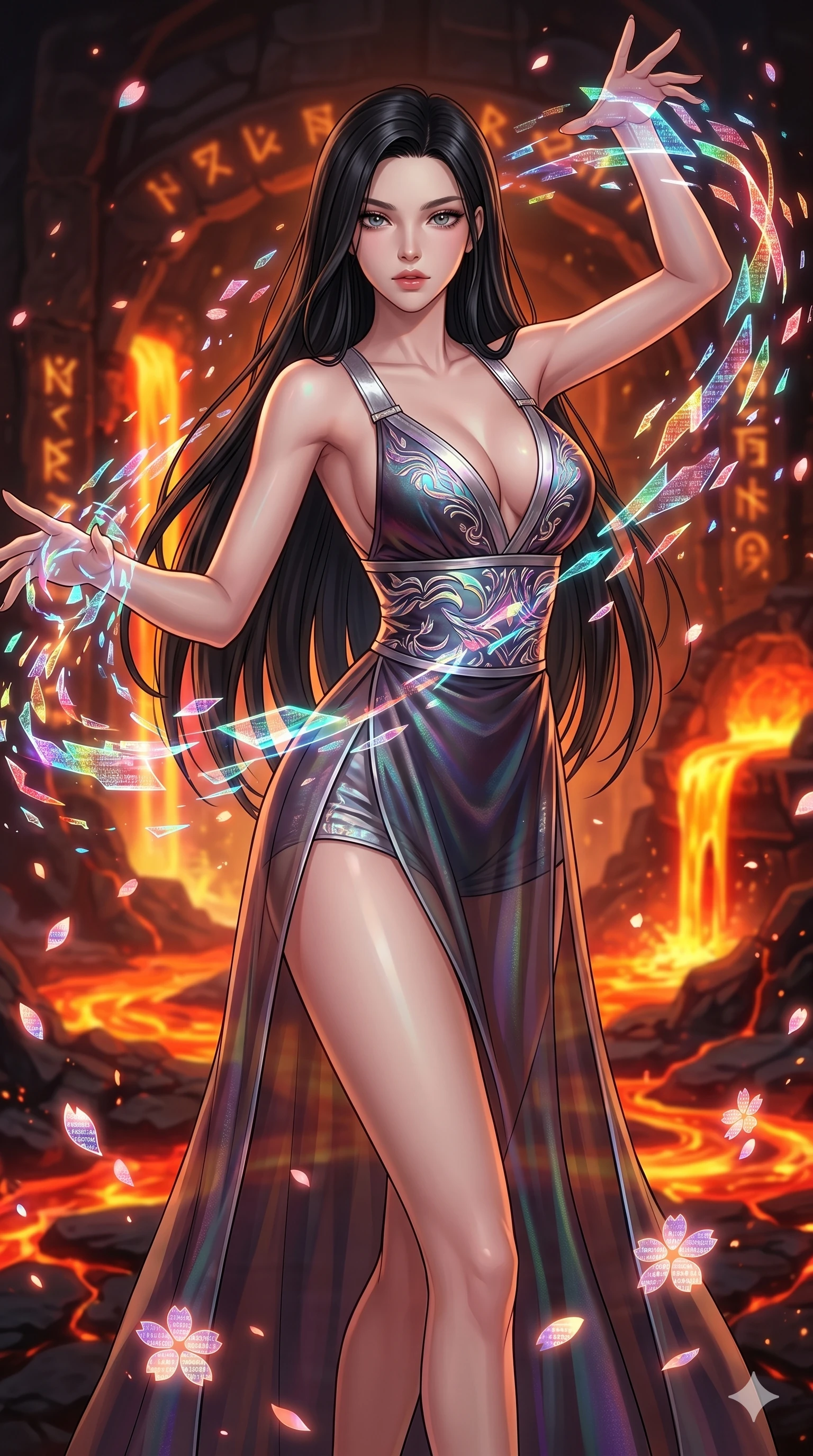 score_9, masterpiece, best quality, ultra-detailed, high-budget anime movie keyframe, cinematic anime lighting, intricate line art, Caucasian (strictly human ears) woman. Upper body filling screen focusing on her alluring features and slim-fit silhouette. dancing with data-shards in a volcanic lava forge with digital sakura petals. She has an absolutely perfect 8-heads proportion, an exceptionally tall and slender female figure with an ultra-slim waist and impossibly long slender legs. sharp v-shaped jawline, high-bridge nose, intricate jewel-like eyes, thick eyelashes, glossy lips. Wearing modernized deep-plunging silk hanbok-fusion with metallic straps, a high-slit sheer skirt over micro-shorts, and holographic embroidered patterns. The scene is illuminated by dramatic atmospheric lighting and vibrant color palettes. , 2k, ultra detail, master piece, 9:16 ratio
