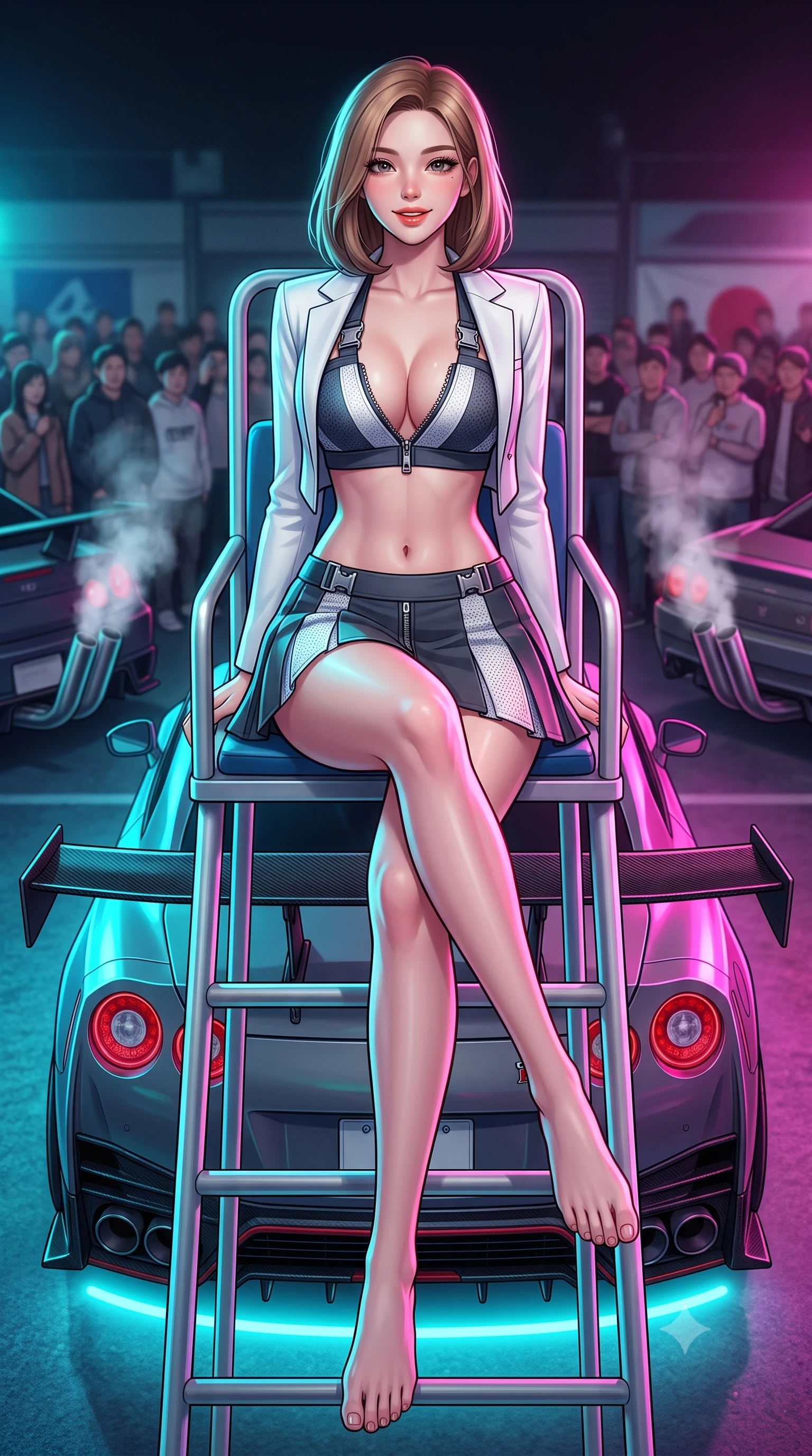 score_9, masterpiece, best quality, ultra-detailed, high-budget anime keyframe, semi-realistic 3D game render, editorial fashion photography, tasteful artistic composition, Korean woman. low angle full-body shot from head to toe showing her feet, filling the entire 9:16 vertical frame with her statuesque presence, stretching her vertical silhouette. sitting perched on the elevated umpire chair with legs crossed and hips angled toward the camera, displaying her toned midriff and long slender limbs with joyful, coquettish charm while sitting on the wide carbon rear wing of an exotic Japanese hypercar, arching her lower back with dangerous, smoldering racing queen allure. The background shows a soft-focus steaming exhausts and crowds of car enthusiasts softened in iconic Japanese car-culture shallow focus. She has an absolutely perfect, statuesque 8.5-heads proportion, an exceptionally tall and slender model-like female figure with impossibly long slender legs, an ultra-slim waist, a flat toned midriff, narrow delicate ribcage, and beautifully sculpted feminine hips creating a graceful, slim hourglass silhouette without any bulky heaviness. sharp v-shaped jawline, high-bridge nose, sparkling eyes with athletic focus and depth, thick curled eyelashes, glossy parted lips with a natural coral-peach sheen, bright confident and coquettish smile with alluring bedroom-eyes, exuding both youthful sporty vigor and sovereign high-society glamour, flawlessly proportioned anatomical accuracy, strict slender model proportions, natural body alignment, perfectly sculpted long slender limbs, ultra-slim waistline, clean dynamic posture without body distortion. wearing a tailored white blazer worn open over a plunging racing bandeau top and pleated tennis micro-skirt in speedway charcoal slate and optic white accents, woven from semi-opaque performance athletic mesh with hexagonal micro-perforations, finished with polished chrome zipper pulls and racing harness buckle hardware, the form-contouring athletic cut accentuating her sculpted flat midriff, narrow delicate ribcage, and gracefully curvy hips with supermodel precision. bathed in intense saturated underglow neons in electric cyan and magenta contrasting with night shadows. highly saturated vibrant anime colors, detailed shading with soft gradients, rich glossy textures, high-contrast stereoscopic depth, volumetric dynamic lighting, master piece, 9:16 ratio