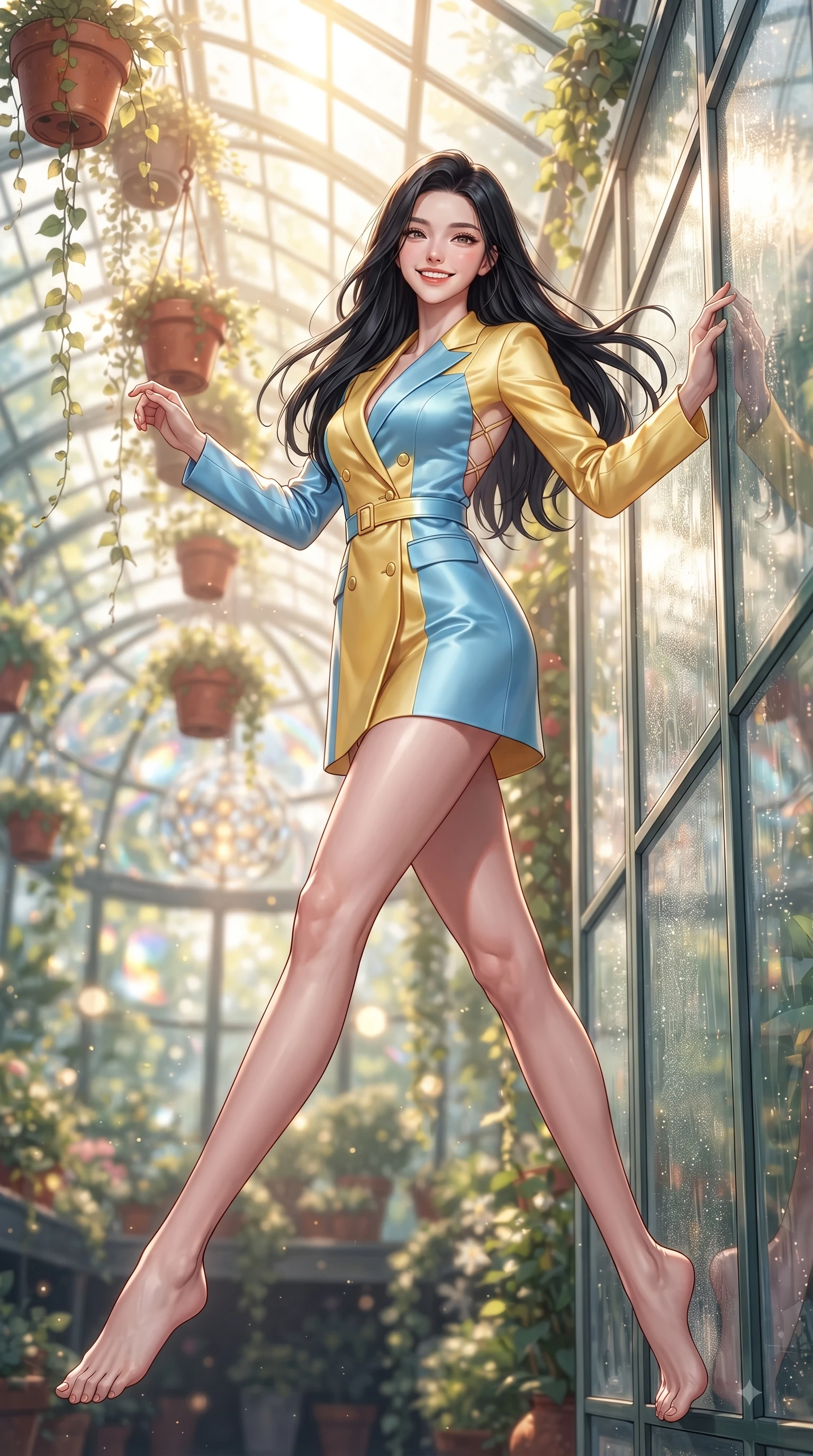 score_9, masterpiece, best quality, ultra-detailed, high-budget anime keyframe, editorial fashion photography, tasteful artistic composition, Korean woman. low angle full-body shot from head to toe showing her feet, filling the entire 9:16 vertical frame with her statuesque presence, stretching her vertical silhouette. leaping with pure youthful energy through the scene with a radiant bright smile, her long slender legs balanced gracefully while leaning against a glass greenhouse wall surrounded by hanging terracotta flower pots. The composition keeps background elements in soft focus with dreamy bokeh. cascading botanical vines and glass dome refractions softened in creamy depth of field. She has an absolutely perfect, statuesque 8.5-heads proportion, an exceptionally tall and slender model-like female figure with impossibly long slender legs and an ultra-slim waist. sharp v-shaped jawline, high-bridge nose, intricate jewel-like eyes with depth, thick eyelashes, glossy lips with a natural sheen, flawlessly proportioned anatomical accuracy, natural body alignment, perfectly sculpted elegant limbs, clean dynamic posture without body distortion. wearing a tailored double-breasted blazer dress with a sleek waist belt and clean lines in sunny canary yellow and clear sky blue, crafted from smooth liquid silk satin, finished with delicate criss-cross back straps highlighting her bare shoulders, the tailored fabric tightly following every curve of her athletic build. bathed in brilliant golden sunlight filtering through conservatory glass panes. ultra-reflective glossy finish, specular highlights, metallic sheen, high-contrast stereoscopic depth, volumetric dynamic lighting, 2k, ultra detail, master piece, 9:16 ratio