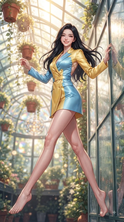 score_9, masterpiece, best quality, ultra-detailed, high-budget anime keyframe, editorial fashion photography, tasteful artistic composition, Korean woman. low angle full-body shot from head to toe showing her feet, filling the entire 9:16 vertical f