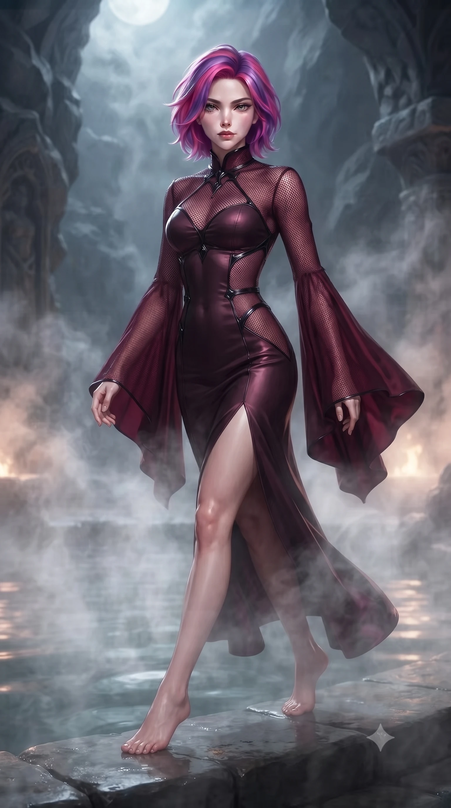 score_9, masterpiece, best quality, ultra-detailed, high-budget anime keyframe, editorial fashion photography, tasteful artistic composition, Caucasian woman. low angle full-body shot from head to toe showing her feet, filling the entire 9:16 vertical frame with her statuesque presence, stretching her vertical silhouette. navigating the private sanctuary with an effortless, graceful stride, immersed to the waist in steaming mineral waters as night mist swirls around, dewy natural skin finish with glossy lips and thick eyelashes. She has an absolutely perfect, statuesque 8.5-heads proportion, an exceptionally tall and slender model-like female figure with impossibly long slender legs and an ultra-slim waist. sharp v-shaped jawline, high-bridge nose, intricate jewel-like eyes with depth, thick eyelashes, glossy lips with a natural sheen. wearing gothic high-collar dark plum silk evening gown with bell sleeves in deep crimson burgundy, made of fine dark contouring mesh, adorned with minimalist black onyx hardware framing the silhouette, accentuating her gracefully sculpted slender torso. bathed in soft thermal steam rays creating ethereal gradient shading. ultra-reflective glossy finish, specular highlights, metallic sheen, high-contrast stereoscopic depth, volumetric dynamic lighting, 2k, ultra detail, master piece, 9:16 ratio