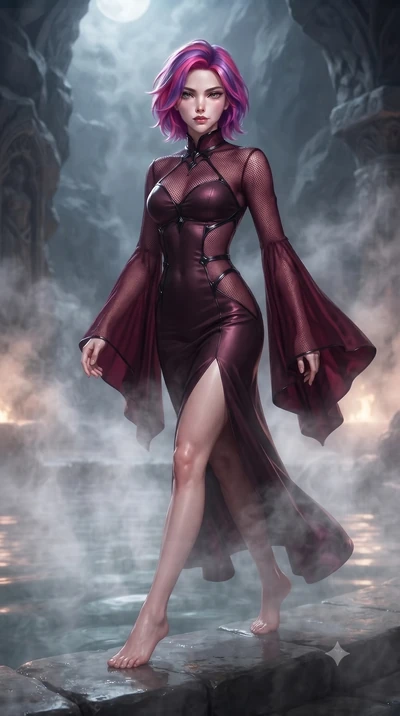 score_9, masterpiece, best quality, ultra-detailed, high-budget anime keyframe, editorial fashion photography, tasteful artistic composition, Caucasian woman. low angle full-body shot from head to toe showing her feet, filling the entire 9:16 vertica