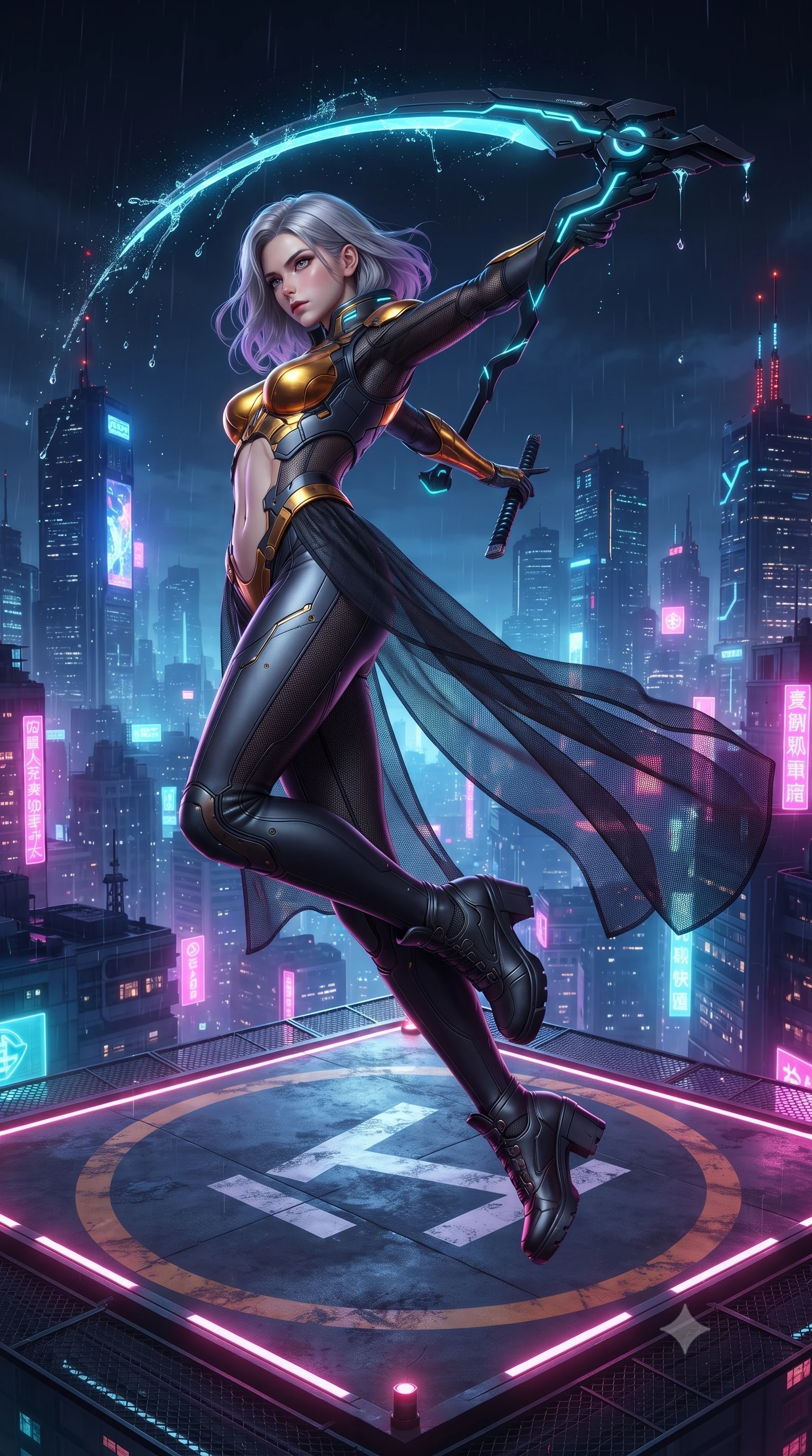 score_9, masterpiece, best quality, ultra-detailed, high-budget anime keyframe, editorial fashion photography, tasteful artistic composition, Caucasian woman. low angle full-body shot from head to toe showing her feet, filling the entire 9:16 vertical frame with her statuesque presence, stretching her vertical silhouette. arching her back gracefully in mid-air during a dynamic combat vault, her weapon energy trail framing her statuesque presence while pivoting dynamically across the illuminated helipad markings as neon rain droplets splash off her glowing energy blade. The surrounding environment is rendered in vivid detail and crisp panoramic clarity. intricate cybernetic katana hilt engravings, skyscraper antenna beacons, and neon city reflections in high clarity. She has an absolutely perfect, statuesque 8.5-heads proportion, an exceptionally tall and slender model-like female figure with impossibly long slender legs, a toned flat midriff, and an ultra-slim waist. sharp v-shaped jawline, high-bridge nose, intricate jewel-like eyes with depth, thick eyelashes, glossy lips with a natural sheen, flawlessly proportioned anatomical accuracy, strict slender model proportions, natural body alignment, perfectly sculpted long slender limbs, ultra-slim waistline, clean dynamic posture without body distortion. wearing a sculpted molten-gold and dark carbon cuirass paired with high-mobility combat leggings and sheer side drapes, wielding a glowing plasma energy scythe with fluid grace in matte obsidian carbon black with electric cyan conduits, tailored from flexible second-skin carbon-mesh that clings flawlessly to her athletic curves, featuring a sleek aerodynamic collar framed by subtle glowing cybernetic status LEDs, the precision-cut daring openings accentuating her delicate midriff, graceful bare collarbones, and ultra-slim feminine waistline. surrounded by an exhilarating, fierce, and breathtakingly stylish cyber-valkyrie aura. ultra-reflective glossy finish, specular highlights, dark metallic sheen, high-contrast stereoscopic depth, volumetric dynamic lighting, 2k, ultra detail, master piece, 9:16 ratio