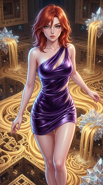 score_9, masterpiece, best quality, ultra-detailed, high-budget anime keyframe, Caucasian woman, strictly human ears. upper body close-up from the thighs up, character filling the screen for maximum presence. descending through a fractal quicksand te