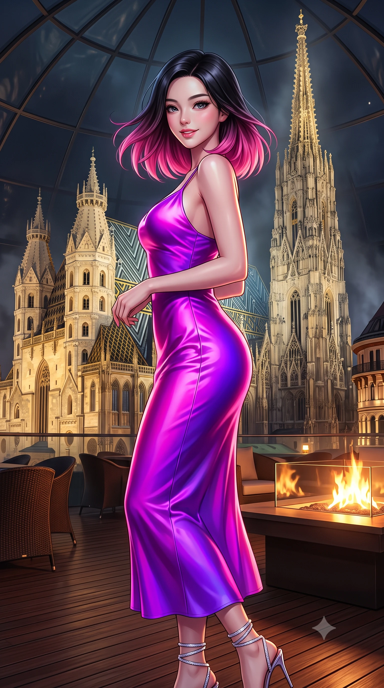 score_9, masterpiece, best quality, ultra-detailed, high-budget anime keyframe, semi-realistic 3D game render, editorial fashion photography, tasteful artistic composition, Korean woman. close-up cowboy shot from the waist and thighs up, the character dominates the composition, filling the frame with her large presence. turning slowly with an enchanting smoldering smile, her glossy hair tossing in the breeze as her hips angle gracefully in a captivating contrapposto while standing poised on the heated teak terrace beneath the panoramic glass dome, arching her lower back as the illuminated gothic spire of Stephansdom glows in midnight mist. The surrounding environment is rendered in vivid detail and crisp panoramic clarity: detailed garment drape, silhouette contours, and historic gothic cathedral stonework in high resolution. She has an exceptionally elegant, slender, and willowy female figure with an ultra-slim waist, flat toned midriff, narrow ribcage, and sculpted feminine hips creating an alluring, slim hourglass silhouette without bulk. sharp v-shaped jawline, high-bridge nose, intricate jewel-like sparkling eyes with depth, thick eyelashes, glossy parted lips with a natural peach sheen, bright cheerful beaming smile with an enchanting and coquettish sensual glint, exuding both youthful cute charm and seductive allure, flawlessly proportioned anatomical accuracy, strict slender model proportions, natural body alignment, perfectly sculpted long slender limbs, ultra-slim waistline, clean dynamic posture without body distortion. wearing a liquid satin slip dress tailored with bias-cut curves clinging smoothly over her hips in Supertree bioluminescent magenta and electric violet, crafted from fluid liquid silk satin that clings smoothly to her narrow waist and rounded hips with a dewy sheen, complemented by strappy stiletto sandals with crystal ankle wraps accentuating her slender calves, the form-contouring silhouette accentuating her sculpted flat midriff, narrow delicate ribcage, and gracefully curvy hips with intoxicating allure. bathed in the contrast of warm 2200K fire table hearth glow and cool midnight sky fill with golden cathedral floodlights. highly saturated vibrant anime colors, detailed shading with soft gradients, rich glossy textures, high-contrast stereoscopic depth, volumetric dynamic lighting, master piece, 9:16 ratio