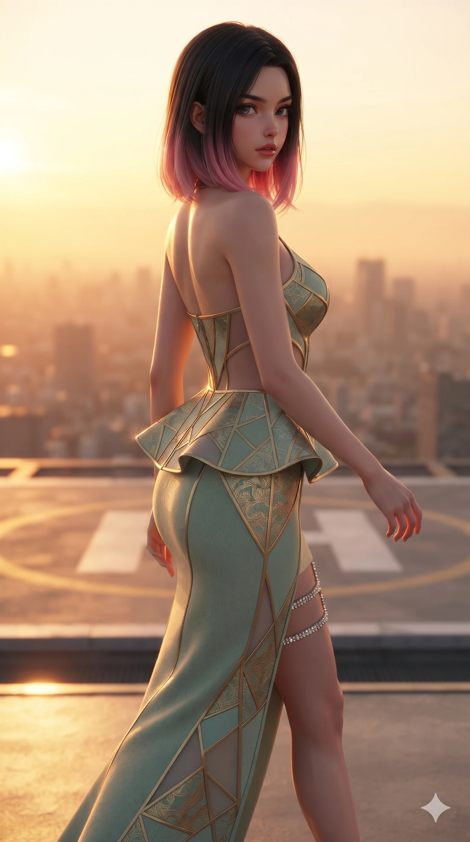score_9, masterpiece, best quality, ultra-detailed, high-budget anime keyframe, editorial fashion photography, tasteful artistic composition, Korean woman. close-up cowboy shot from the waist and thighs up, the character dominates the composition, filling the frame with her large presence. posing in an alluring rear three-quarter angle, looking over a bare shoulder with parted glossy lips, her hips cocked back to highlight her slim hourglass curve while stepping forward in a confident stride across the rooftop deck, her long slender legs and curvaceous hips creating a dynamic, sweeping vertical line against the burning sunset. The background shows a soft-focus high-altitude sunset haze softened in rooftop helipad vista shallow focus. She has an exceptionally elegant, slender, and willowy female figure with an ultra-slim waist, flat toned midriff, narrow ribcage, and sculpted feminine hips creating an alluring, slim hourglass silhouette without bulk. sharp v-shaped jawline, high-bridge nose, intricate jewel-like sparkling eyes with depth, thick eyelashes, glossy parted lips with a natural sheen, intensely captivating and seductive bedroom-eyes expression, exuding both youthful cute charm and sovereign luxury allure, flawlessly proportioned anatomical accuracy, strict slender model proportions, natural body alignment, perfectly sculpted long slender limbs, ultra-slim waistline, clean dynamic posture without body distortion. wearing a structural geometric peplum gown with sheer side-ribbon cutouts and form-fitting skirt in celadon jade and antique gold-leaf, crafted from bespoke double-faced cashmere with an exceptionally soft tactile finish, finished with delicate crystal-encrusted thigh garter straps glinting in the dim light, the form-contouring material adhering flawlessly to her sculpted flat midriff and slender torso, emphasizing her long leg lines and perfectly proportioned willowy build. illuminated by deck surface bounce and intense golden-crimson rim lights sculpting her razor-sharp jawline, narrow waist, and curvy hips. ultra-reflective glossy finish, specular highlights, rich textural contrasts, high-contrast stereoscopic depth, volumetric dynamic lighting, 2k, ultra detail, master piece, 9:16 ratio