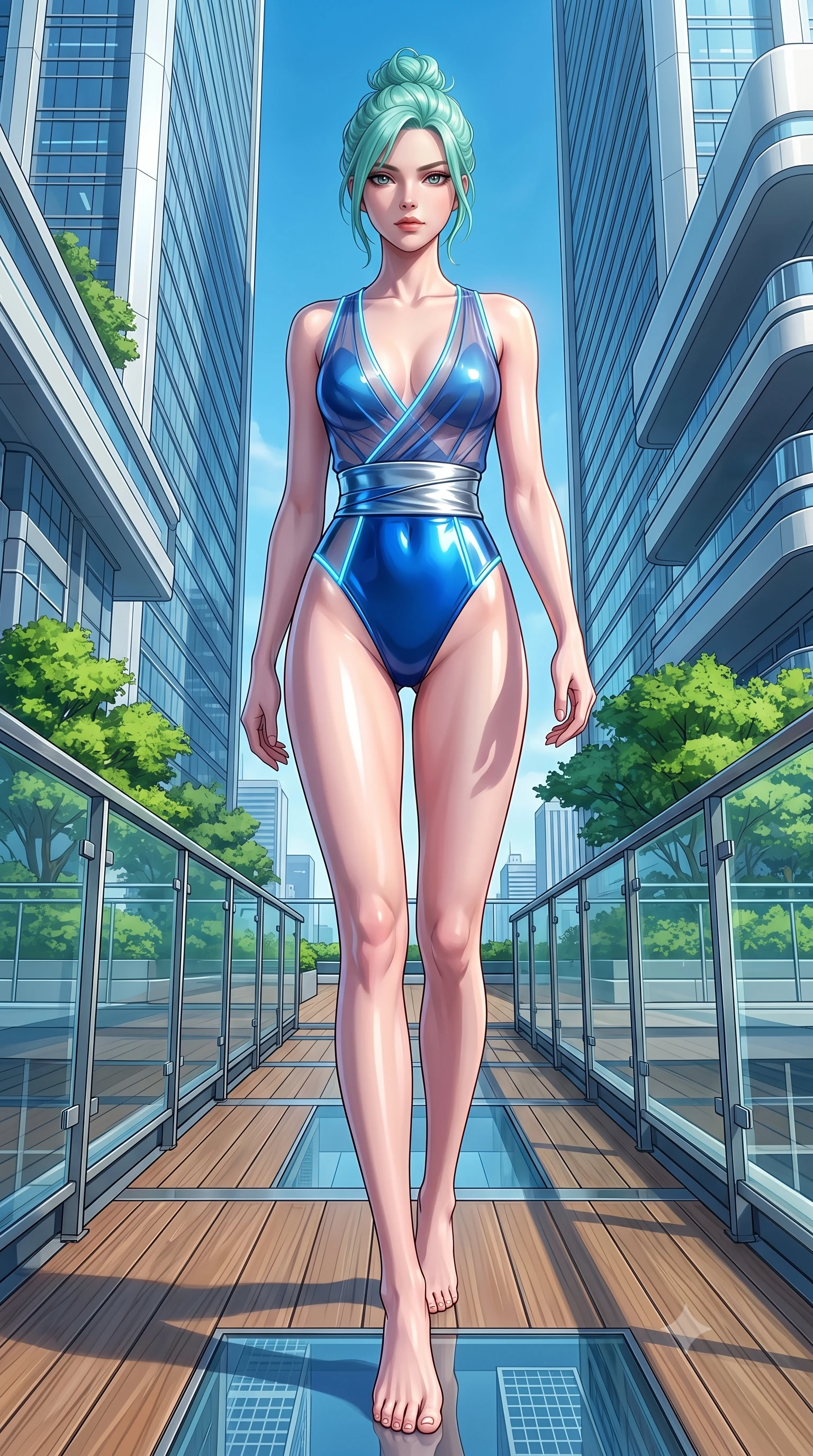 score_9, masterpiece, best quality, ultra-detailed, high-budget anime keyframe, semi-realistic 3D game render, editorial fashion photography, tasteful artistic composition, Japanese woman. low angle full-body shot from head to toe showing her feet, filling the entire 9:16 vertical frame with her statuesque presence, stretching her vertical silhouette. striding forward in a proud, statuesque motion with a dangerous smolder, her vertical silhouette dominating the frame from head to toe while stepping along a verdant sky-garden walkway suspended between twin gleaming architectural towers. The surrounding environment is rendered in vivid detail and crisp panoramic clarity. sharp glass deck railings, wooden deck textures, and distant city grid patterns in high clarity. She has an absolutely perfect, statuesque 8.5-heads proportion, an exceptionally tall and slender model-like female figure with impossibly long slender legs, a toned flat midriff, and an ultra-slim waist. sharp v-shaped jawline, high-bridge nose, intricate jewel-like eyes with depth, thick eyelashes, glossy lips with a natural sheen, flawlessly proportioned anatomical accuracy, strict slender model proportions, natural body alignment, perfectly sculpted long slender limbs, ultra-slim waistline, clean dynamic posture without body distortion. wearing a shortened cyber-fusion wrap top with transparent chiffon panels, a deep crossover neckline, and a high-waisted metallic sash that accentuates her ultra-slim waist in liquid electric cobalt blue and polished silver, crafted from ultra-reflective second-skin latex with a high-gloss glass-like polish, accented with glowing fiber-optic seams tracing her collarbones and hip curves, the liquid-tight tailored fabric emphasizing every curve of her tall, slender model proportions and sculptured silhouette during dynamic movement. illuminated by crisp specular highlights tracing her sculpted collarbones and waistline. highly saturated vibrant anime colors, detailed shading with soft gradients, rich glossy textures, high-contrast stereoscopic depth, volumetric dynamic lighting, master piece, 9:16 ratio