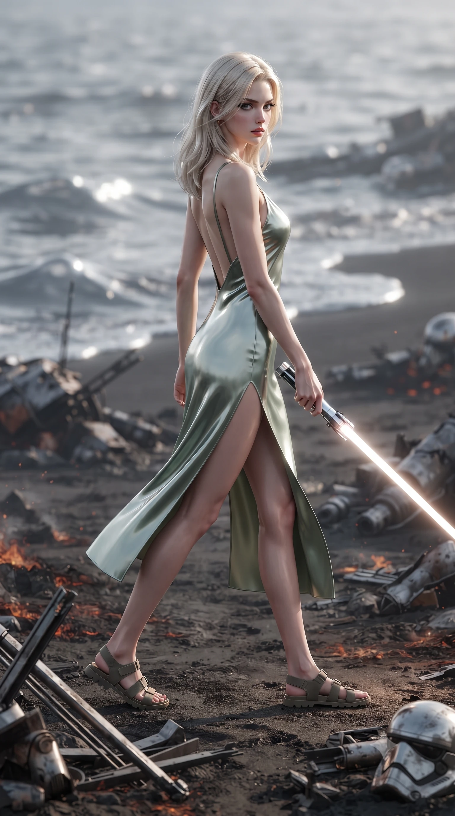 score_9, masterpiece, best quality, ultra-detailed, high-budget anime keyframe, editorial fashion photography, tasteful artistic composition, Caucasian woman. low angle full-body shot from head to toe showing her feet, filling the entire 9:16 vertical frame with her statuesque presence, stretching her vertical silhouette. stepping gracefully through battlefield debris with a glowing saber hilt in hand, looking back over her shoulder, the background shows a soft-focus a liquid metal ocean coast where waves of chrome mercury lap onto basalt sand. She has an absolutely perfect, statuesque 8.5-heads proportion, an exceptionally tall and slender model-like female figure with impossibly long slender legs and an ultra-slim waist. sharp v-shaped jawline, high-bridge nose, intricate jewel-like eyes with depth, thick eyelashes, glossy lips with a natural sheen. wearing a slim-fit lightweight silk combat slip dress in sage green, featuring a high side slit and a low-cut back. highly reflective chrome-like surface casting a silver rim light on her silhouette. ultra-reflective glossy finish, specular highlights, metallic sheen, high-contrast stereoscopic depth, volumetric dynamic lighting, 2k, ultra detail, master piece, 9:16 ratio