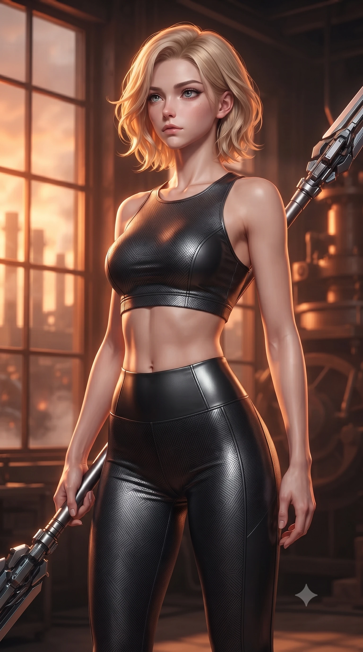 score_9, masterpiece, best quality, ultra-detailed, high-budget anime keyframe, editorial fashion photography, tasteful artistic composition, Caucasian woman. close-up cowboy shot from the waist and thighs up, the character dominates the composition, filling the frame with her large presence, background elements kept in soft focus. holding a deactivated nanotech glaive, looking past the camera with quiet, sharp focus and a composed expression, the background shows a soft-focus a private office cabin in a foundry with glass windows showing steam vents. She has an exceptionally elegant, slender, and willowy female figure with an ultra-slim waist, a gracefully sculpted slender torso, and a refined silhouette. sharp v-shaped jawline, high-bridge nose, intricate jewel-like eyes with depth, thick eyelashes, glossy lips with a natural sheen. wearing a tailored form-fitting athletic crop top and matching high-waisted compression leggings in sleek carbon-black tech fabric. warm sunset light filtering through copper window grids, painting the room in orange. ultra-reflective glossy finish, specular highlights, metallic sheen, high-contrast stereoscopic depth, volumetric dynamic lighting, 2k, ultra detail, master piece, 9:16 ratio
