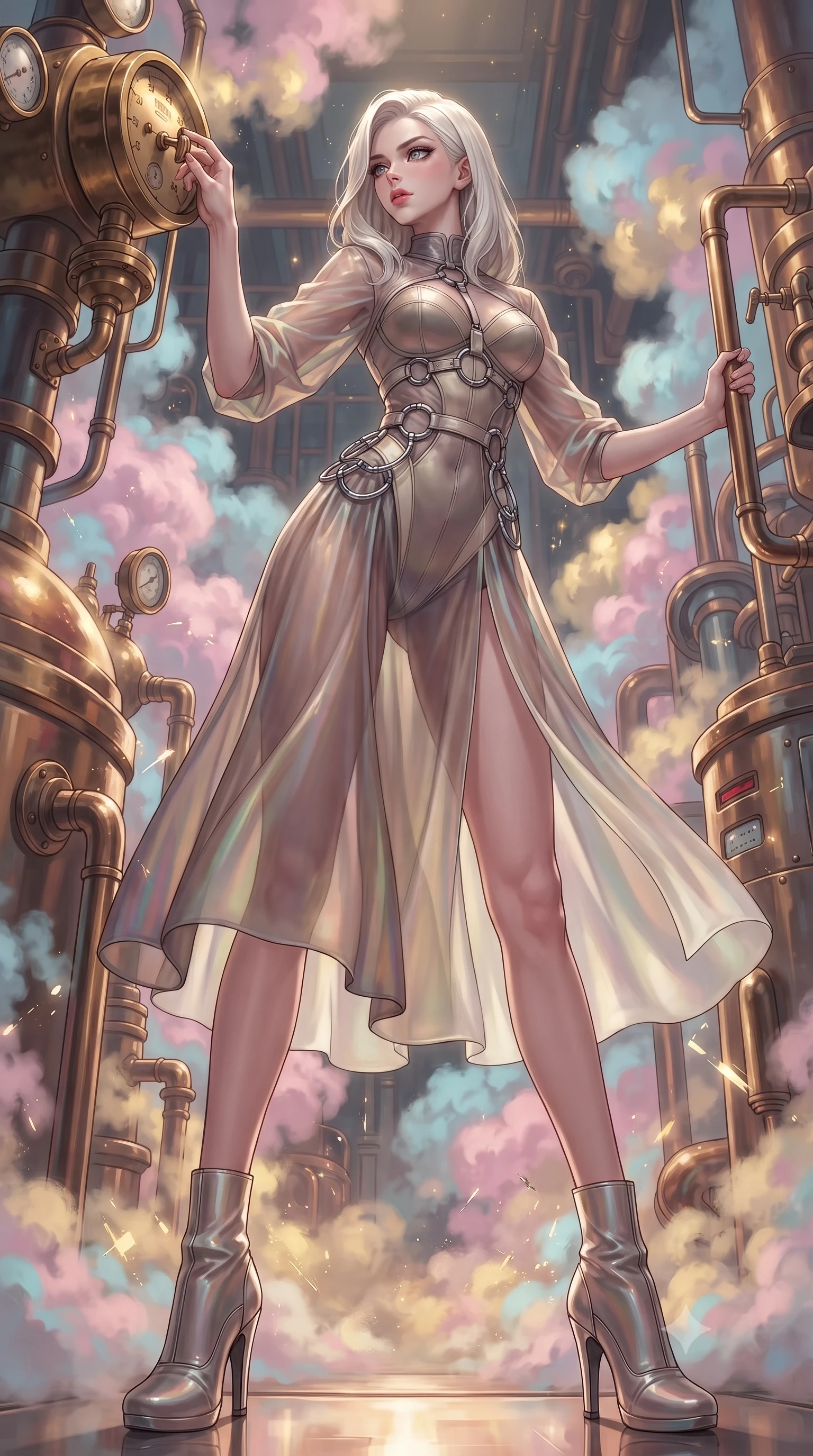 score_9, masterpiece, best quality, ultra-detailed, high-budget anime keyframe, editorial fashion photography, tasteful artistic composition, Caucasian woman. low angle full-body shot from head to toe showing her feet, filling the entire 9:16 vertical frame with her statuesque presence, stretching her vertical silhouette. forging dynamically through the scene, her vertical silhouette beautifully stretched adjusting a brass pressure dial inside a retro-futuristic power foundry, pastel-colored steam clouds scattering bright metallic reflections. She has an absolutely perfect, statuesque 8.5-heads proportion, an exceptionally tall and slender model-like female figure with impossibly long slender legs and an ultra-slim waist. sharp v-shaped jawline, high-bridge nose, intricate jewel-like eyes with depth, thick eyelashes, glossy lips with a natural sheen. wearing a semi-opaque sheer overlay dress over a leather micro-bodysuit in muted taupe and soft ivory, crafted from iridescent chiffon that shifts colors in the light, accented with delicate chrome ring hardware framing her waist, the tailored fabric tightly following every curve of her athletic build. illuminated by golden steam radiance and dramatic underlighting. ultra-reflective glossy finish, specular highlights, metallic sheen, high-contrast stereoscopic depth, volumetric dynamic lighting, 2k, ultra detail, master piece, 9:16 ratio
