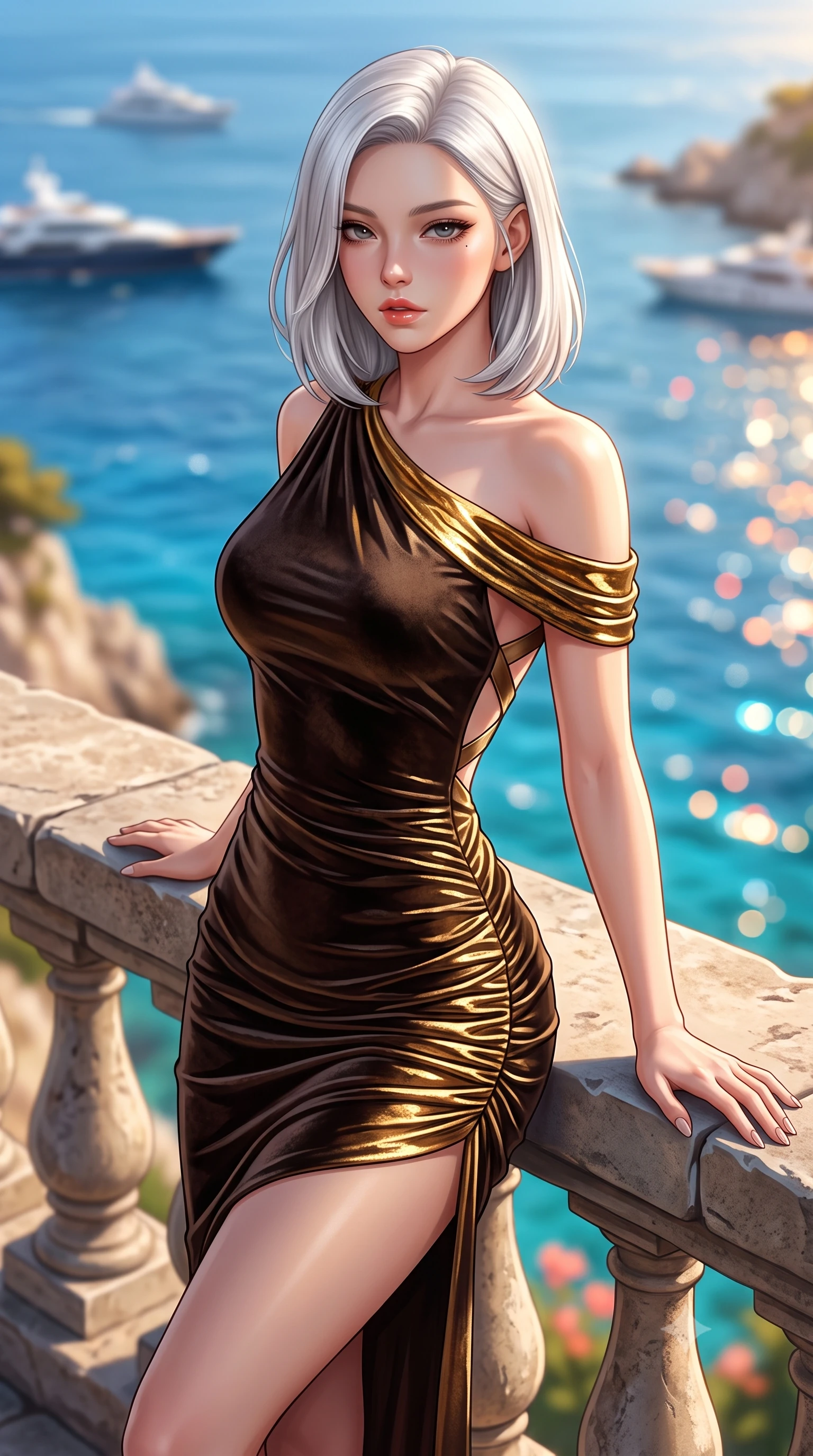 score_9, masterpiece, best quality, ultra-detailed, high-budget anime keyframe, semi-realistic 3D game render, editorial fashion photography, tasteful artistic composition, Korean woman. close-up cowboy shot from the waist and thighs up, the character dominates the composition, filling the frame with her large presence. resting one manicured hand delicately on her hip bone, her upper body turning in a fluid, seductive S-curve while parted lips glisten in the light while resting both hands against the stone cliffside railing overlooking the azure Mediterranean, her tight knit dress highlighting her sculpted slim hips in the breeze. The composition keeps background elements in soft focus with creamy bokeh. sparkling Mediterranean turquoise waves and distant luxury yachts blurred into molten azure, gold, and coral bokeh. She has an exceptionally elegant, slender, and willowy female figure with an ultra-slim waist, flat toned midriff, narrow ribcage, and sculpted feminine hips creating an alluring, slim hourglass silhouette without bulk. sharp v-shaped jawline, high-bridge nose, intricate jewel-like eyes with depth, thick eyelashes, glossy parted lips with a natural sheen, intensely captivating and seductive bedroom-eyes expression, flawlessly proportioned anatomical accuracy, strict slender model proportions, natural body alignment, perfectly sculpted long slender limbs, ultra-slim waistline, clean dynamic posture without body distortion. wearing a form-contouring cocktail dress with an asymmetrical open shoulder and hip-defining ruching in dark espresso brown and molten gold foil, crafted from heavyweight crushed silk velvet with liquid vintage luster, finished with criss-cross back satin straps highlighting her graceful shoulder blades, the form-contouring material adhering flawlessly to her sculpted flat midriff and slender torso, emphasizing her long leg lines and perfectly proportioned willowy build. surrounded by a carefree, elite, and irresistibly magnetic Saint-Tropez heiress aura. highly saturated vibrant anime colors, detailed shading with soft gradients, rich glossy textures, high-contrast stereoscopic depth, volumetric dynamic lighting, master piece, 9:16 ratio