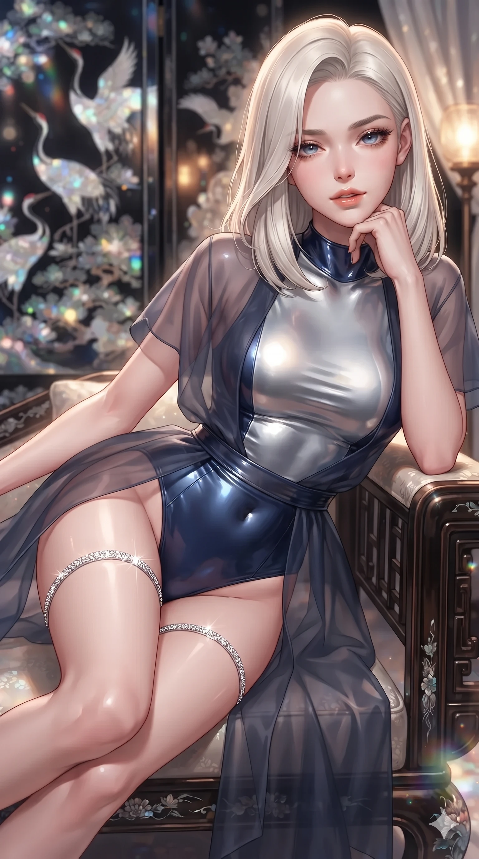 score_9, masterpiece, best quality, ultra-detailed, high-budget anime keyframe, editorial fashion photography, tasteful artistic composition, Caucasian woman. close-up cowboy shot from the waist and thighs up, the character dominates the composition, filling the frame with her large presence. resting one elbow on the lacquered balustrade and supporting her chin, leaning close to the camera with heavy-lidded sparkling eyes and parted lips while reclining gracefully on an antique silk chaise lounge with legs extended, propped on one elbow with parted glossy lips. The background shows a soft-focus glistening mother-of-pearl cranes and pine inlay patterns, bronze floor lamps, and silk drapes blurred into iridescent pearl, amber, and obsidian bokeh. She has an exceptionally elegant, slender, and willowy female figure with an ultra-slim waist, flat toned midriff, narrow ribcage, and sculpted feminine hips creating an alluring, slim hourglass silhouette without bulk. sharp v-shaped jawline, high-bridge nose, sparkling eyes with hypnotic seductive depth, thick curled eyelashes, glossy parted lips with a natural dewy peach sheen, alluring bedroom-eyes with an enchanting coquettish smile, exuding magnetic siren charisma and sophisticated glamour, flawlessly proportioned anatomical accuracy, strict slender model proportions, natural body alignment, perfectly sculpted long slender limbs, ultra-slim waistline, clean dynamic posture without body distortion. wearing a provocative sheer nobang organza wrap overskirt layered over a form-fitting silk leotard with bare hip flanks in metallic liquid silver and deep sapphire navy, crafted from wet-look high-gloss vinyl fabric with dazzling specular surface reflections, accented with a delicate crystal-encrusted thigh garter strap glinting under the lights, the form-fitting cut adhering flawlessly to her sculpted flat midriff and slender torso, emphasizing her long leg lines and perfectly proportioned willowy build. illuminated by mother-of-pearl screen iridescence bounce and sharp gold-pearl rim lights sculpting her razor-sharp jawline, narrow waist, and curvy hips. ultra-reflective glossy finish, specular highlights, rich textural contrasts, high-contrast stereoscopic depth, volumetric dynamic lighting, 2k, ultra detail, master piece, 9:16 ratio