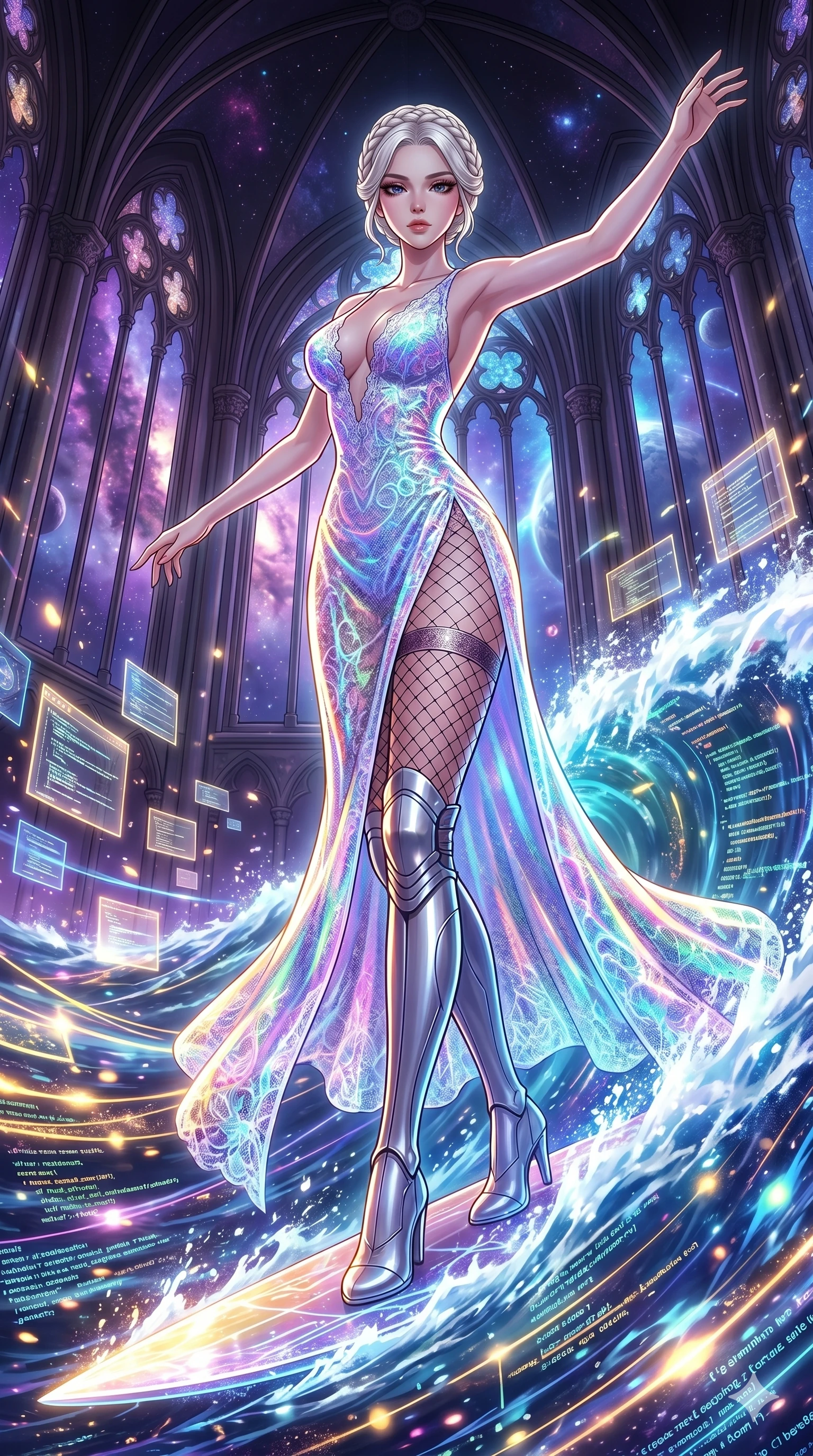 score_9, masterpiece, best quality, ultra-detailed, High-budget Anime Keyframe, vibrant colors, fluid line-art, expressive lighting, cinematic composition, Ufotable-style visual effects, top-tier animation quality, Korean woman with idol-like refined features. Dramatic low angle looking up at her majestic stature, dominating the vertical space of the composition. Surfing on a massive wave of pure data within a virtual world, the landscape changing rapidly as she speeds through. She has an absolutely perfect 8-heads proportion, an exceptionally tall and slender female figure with impossibly long slender legs and an ultra-slim waist, her statuesque height and towering silhouette dominating the vertical 9:16 frame. Her face is a masterpiece featuring a sharp v-shaped jawline, high-bridge nose, intricate jewel-like eyes with depth, thick eyelashes, and glossy lips with a natural sheen. She is wearing a Holographic lace evening gown with a dangerously high slit and a plunging neckline crafted from Fluorescent mesh that glows brightly under neon light, highlighting her silhouette, accompanied by sensual fishnet stockings and thigh-high metallic boots. The scene is set in a majestic gothic cathedral in deep space with massive windows overlooking a swirling nebula, illuminated by cinematic lighting with dramatic rim light that highlights her slender silhouette. 2k, ultra detail, master piece, 9:16 ratio