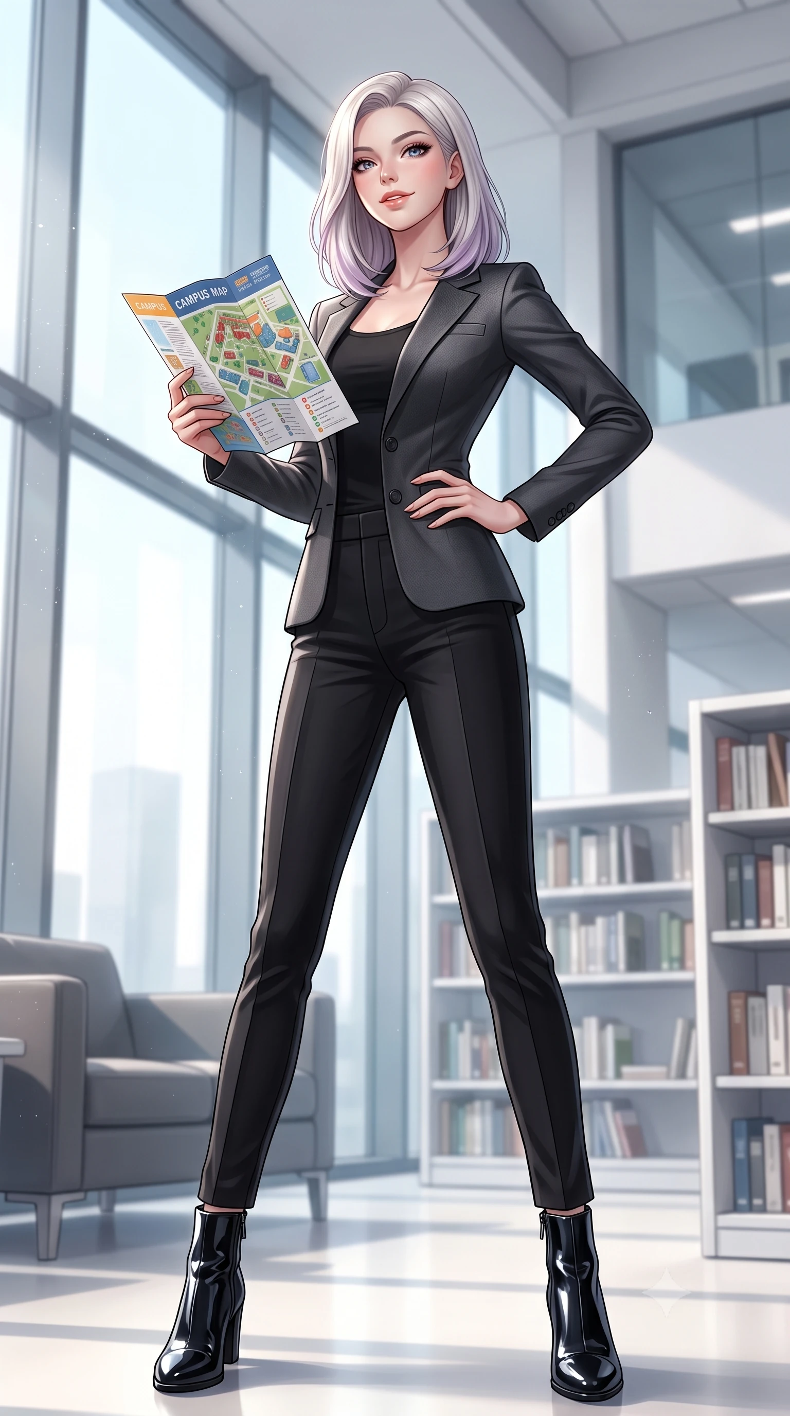 score_9, masterpiece, best quality, ultra-detailed, high-budget anime keyframe, editorial fashion photography, tasteful artistic composition, Caucasian woman. low angle full-body shot from head to toe showing her feet, filling the entire 9:16 vertical frame with her statuesque presence, stretching her vertical silhouette. standing in a captivating power pose, tilting her chin up with a smoldering, bright expression set against a soft-focus background of inside a modern university library lounge with floor-to-ceiling glass windows and white bookshelves looking at a campus map brochure with a cheerful, curious look. She has an absolutely perfect, statuesque 8.5-heads proportion, an exceptionally tall and slender model-like female figure with impossibly long slender legs and an ultra-slim waist. sharp v-shaped jawline, high-bridge nose, intricate jewel-like eyes with depth, thick eyelashes, glossy lips with a natural sheen. wearing body-hugging tight-fitting tailored blazer in charcoal, closed over a body-hugging black top and slim trousers. soft diffused daylight creating a clean, high-key glow in the space. ultra-reflective glossy finish, specular highlights, metallic sheen, high-contrast stereoscopic depth, volumetric dynamic lighting, 2k, ultra detail, master piece, 9:16 ratio