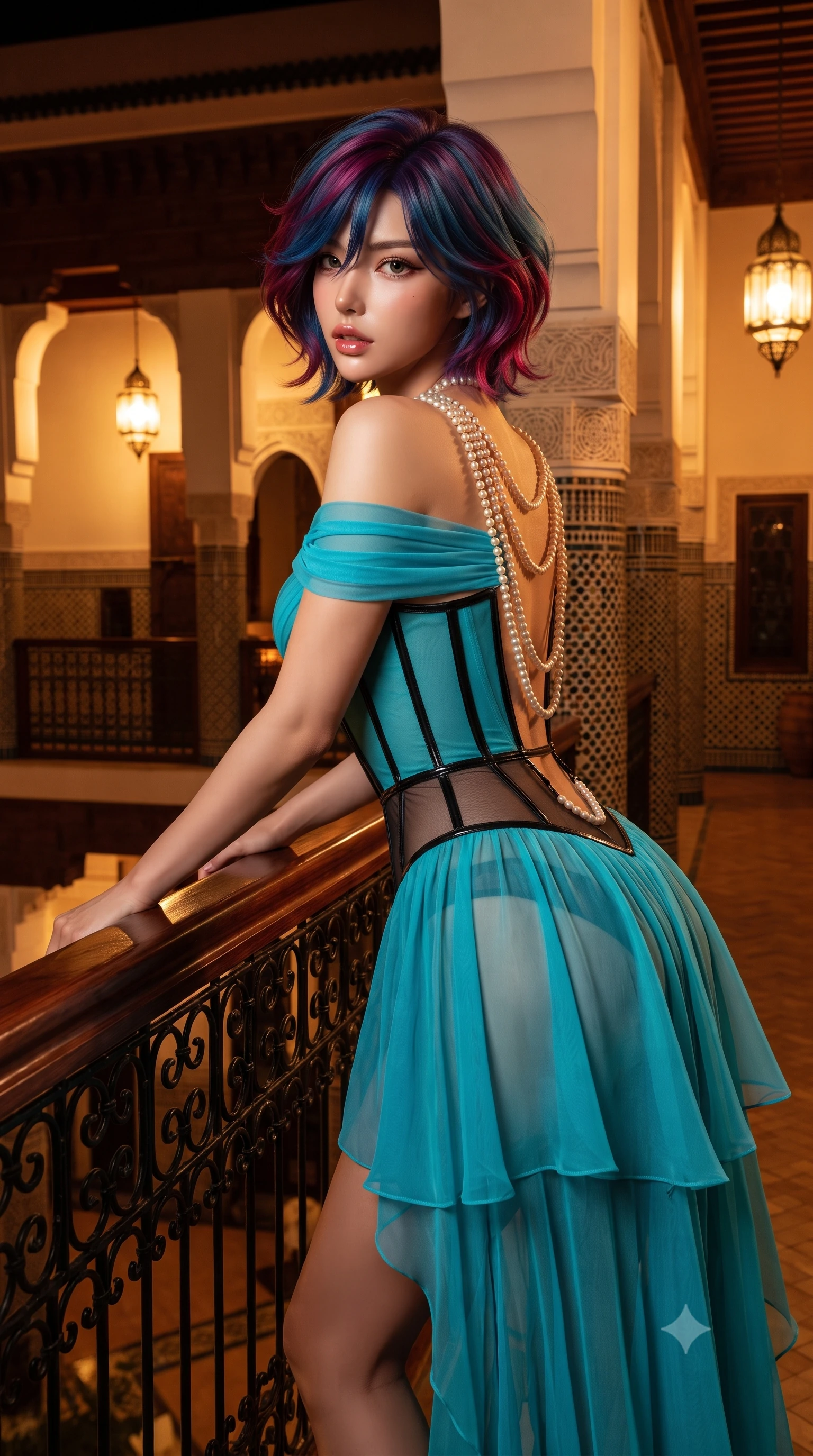 score_9, masterpiece, best quality, ultra-detailed, high-budget anime keyframe, editorial fashion photography, tasteful artistic composition, Korean woman. close-up cowboy shot from the waist and thighs up, the character dominates the composition, filling the frame with her large presence. leaning forward against the polished railing with her hips cocked back, creating an intoxicating curve from her narrow waist to sculpted hips as she gazes back into the lens while gliding down the terracotta courtyard colonnade, her lightweight silk robe billowing in the warm night air to reveal her slender model waist. The surrounding environment is rendered in vivid detail and crisp panoramic clarity. rich high-contrast Moroccan chiaroscuro and opulent private palace courtyard aesthetics in precision. She has an exceptionally elegant, slender, and willowy female figure with an ultra-slim waist, flat toned midriff, narrow ribcage, and sculpted feminine hips creating an alluring, slim hourglass silhouette without bulk. sharp v-shaped jawline, high-bridge nose, intricate jewel-like eyes with depth, thick eyelashes, glossy parted lips with a natural sheen, intensely captivating and seductive bedroom-eyes expression, flawlessly proportioned anatomical accuracy, strict slender model proportions, natural body alignment, perfectly sculpted long slender limbs, ultra-slim waistline, clean dynamic posture without body distortion. wearing an off-shoulder French court corset bodice dress paired with a tiered translucent chiffon slit skirt in neon electric cyan and lacquer black, made of fluid silk crepe with delicate inner corsetry boning, accented with a multi-strand pearl back necklace cascading down her bare spine to her hips, the precision-cut side openings and low-back scoop framing her graceful spine and the sensual sweep of her slim, toned hips. surrounded by an exotic, sovereign, and deeply enchanting Moroccan oasis muse aura. ultra-reflective glossy finish, specular highlights, rich textural contrasts, high-contrast stereoscopic depth, volumetric dynamic lighting, 2k, ultra detail, master piece, 9:16 ratio