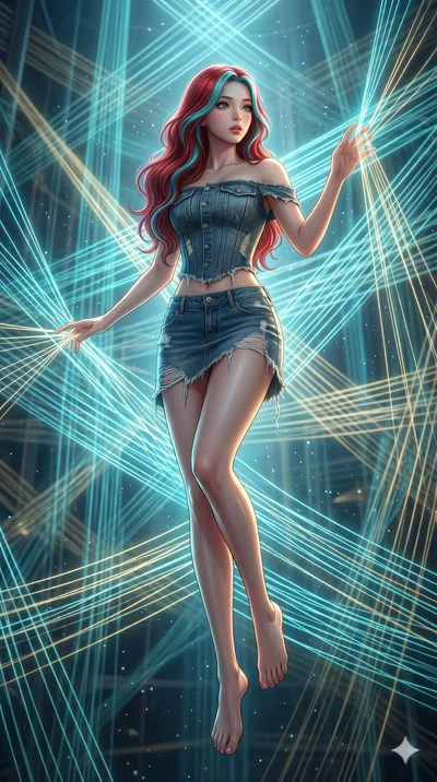score_9, masterpiece, best quality, ultra-detailed, high-budget anime keyframe, Korean woman. low angle full-body shot filling the entire 9:16 frame with her statuesque presence, stretching the vertical silhouette. floating suspended in an ethereal l