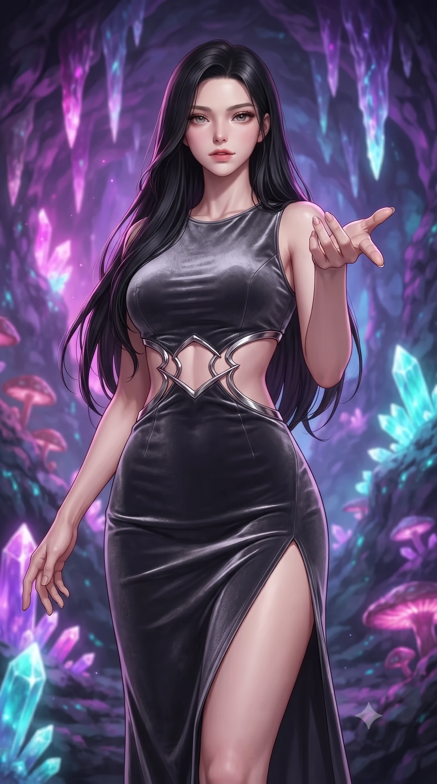 score_9, masterpiece, best quality, ultra-detailed, high-budget anime keyframe, editorial fashion photography, tasteful artistic composition, Korean woman. close-up cowboy shot from the waist and thighs up, the character dominates the composition, filling the frame with her large presence, background elements kept in soft focus. Reaching one hand gracefully toward the viewer with effortless superiority and allure navigating a cavern filled with bioluminescent fungi and crystalline stalactites, bioluminescent opal veins pulsing softly in the surrounding stone walls. She has an exceptionally elegant, slender, and willowy female figure with an ultra-slim waist, a gracefully sculpted slender torso, and a refined silhouette. sharp v-shaped jawline, high-bridge nose, intricate jewel-like eyes with depth, thick eyelashes, glossy lips with a natural sheen. wearing a dramatic open-waist cutout mini dress framed by sculptural hardware in charcoal grey and platinum, made of premium stretch velvet with a rich sheen, finished with a sleek side slit ascending to mid-thigh, the sleek second-skin texture accentuating her magnetic presence. illuminated by radiant purple, magenta, and cyan crystal inner glow. highly saturated vibrant anime colors, detailed shading with soft gradients, rich glossy textures, high-contrast stereoscopic depth, volumetric dynamic lighting, master piece, 9:16 ratio