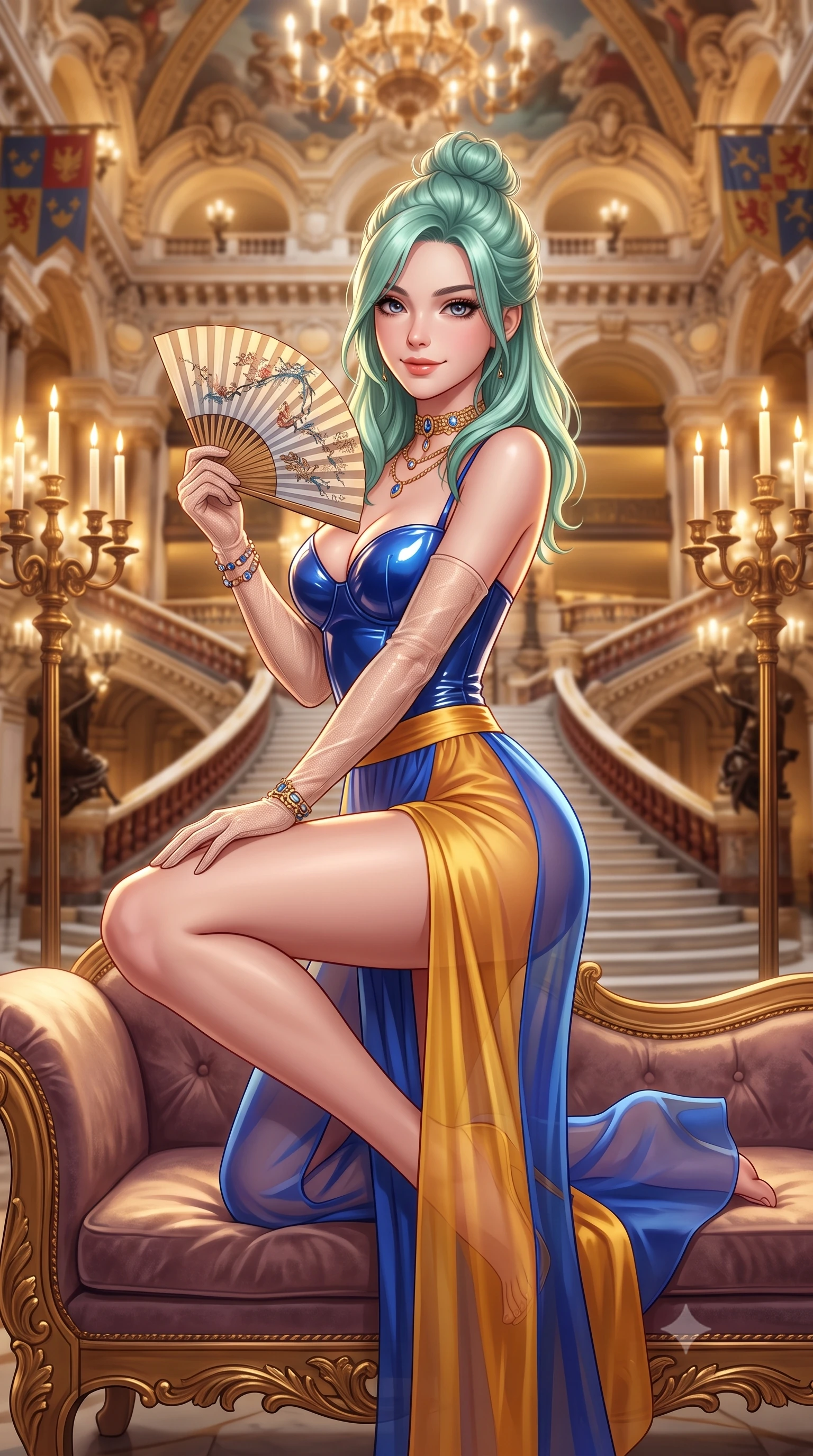 score_9, masterpiece, best quality, ultra-detailed, high-budget anime keyframe, semi-realistic 3D game render, editorial fashion photography, tasteful artistic composition, Japanese woman. close-up cowboy shot from the waist and thighs up, the character dominates the composition, filling the frame with her large presence. perched sideways on the lounge seat, one knee drawn up to showcase her slender leg line while her arched back accentuates her feminine hip curve while sitting poised on the red-carpeted marble landing with legs extended, holding a silk fan with effortless aristocratic allure. The background shows a soft-focus monumental marble imperial staircase with double sweeping flights, soaring mythological ceiling frescoes, and imperial heraldic banners blurred into ivory, ruby, and gold bokeh. She has an exceptionally elegant, slender, and willowy female figure with an ultra-slim waist, flat toned midriff, narrow ribcage, and sculpted feminine hips creating an alluring, slim hourglass silhouette without bulk. sharp v-shaped jawline, high-bridge nose, sparkling eyes with hypnotic seductive depth, thick curled eyelashes, glossy parted lips with a natural dewy peach sheen, alluring bedroom-eyes with an enchanting coquettish smile, exuding magnetic siren charisma and sophisticated glamour, flawlessly proportioned anatomical accuracy, strict slender model proportions, natural body alignment, perfectly sculpted long slender limbs, ultra-slim waistline, clean dynamic posture without body distortion. wearing a wet-look form-fitting vinyl bustier paired with sheer chiffon high-slit wide-leg trousers in Marrakesh cobalt majorelle blue and saffron gold, crafted from fluid liquid silk satin that clings smoothly to every curve with a dewy sheen, complemented by sheer opera-length evening gloves tracing her slender arms, the liquid-tight tailored fabric clinging flawlessly to her narrow waist and rounded feminine hips, emphasizing every millimeter of her sculpted slim hourglass curves without any bulky heaviness. bathed in warm golden light from towering bronze candelabras and overhead palace chandeliers. highly saturated vibrant anime colors, detailed shading with soft gradients, rich glossy textures, high-contrast stereoscopic depth, volumetric dynamic lighting, master piece, 9:16 ratio