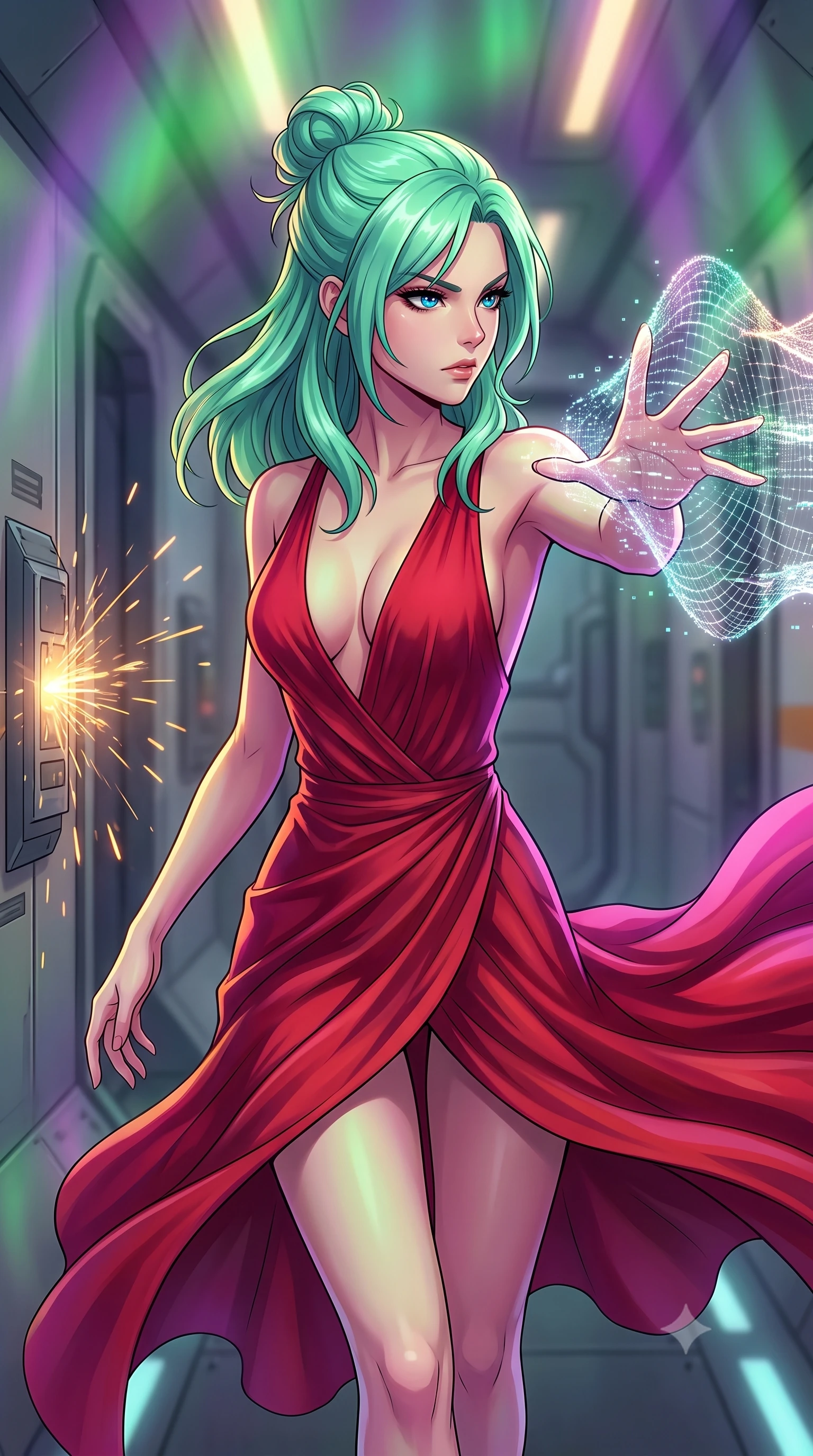 score_9, masterpiece, best quality, ultra-detailed, high-budget anime keyframe, editorial fashion photography, tasteful artistic composition, Japanese woman. close-up cowboy shot from the waist and thighs up, the character dominates the composition, filling the frame with her large presence, background elements kept in soft focus. Casting a digital tracking wave with an outstretched hand, her gaze locked on the escaping target. set against a soft-focus background of a pressurized corridor between two ships, a mechanical seal glitching and sparks flying from panels. She has an exceptionally elegant and slender, willowy female figure with an ultra-slim waist, a gracefully sculpted slender torso, and a refined slim physique. sharp v-shaped jawline, high-bridge nose, intricate jewel-like eyes with depth, thick eyelashes, glossy lips with a natural sheen. wearing the lightweight fabric rippling and billowing dramatically with her movement, a slim-fit crimson red jersey dress featuring a deep plunging neckline and an asymmetric wrap skirt with a high slit. highly saturated vibrant anime colors, intense vivid color palette, soft 3D volumetric shading, volumetric dynamic lighting, illuminated by a shifting aurora palette of green violet and gold from above. 2k, ultra detail, master piece, 9:16 ratio
