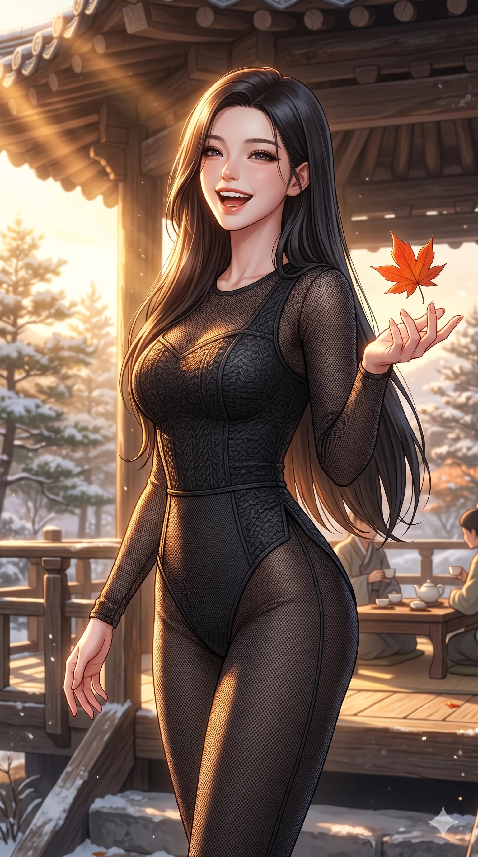 score_9, masterpiece, best quality, ultra-detailed, high-budget anime keyframe, vibrant anime aesthetic, Korean woman. cowboy shot from the thighs up, character and outfit filling the frame for maximum presence. She is laughing cheerfully while catching a falling autumn leaf in the sun by an outdoor tea pavilion under winter sunbeams (Code-P21-196). She has an absolutely perfect 8-heads proportion, an exceptionally tall and slender female figure with impossibly long slender legs and an ultra-slim waist. V-shaped jawline, high-bridge nose, intricate jewel-like eyes with depth, thick eyelashes, glossy lips with a natural sheen. wearing a black textured bodice over a fine mesh-textured suit with refined side vent design in winter. She is illuminated by the setting winter sun casting rich gold and amber highlights on her features. 2k, ultra detail, master piece, 9:16 ratio