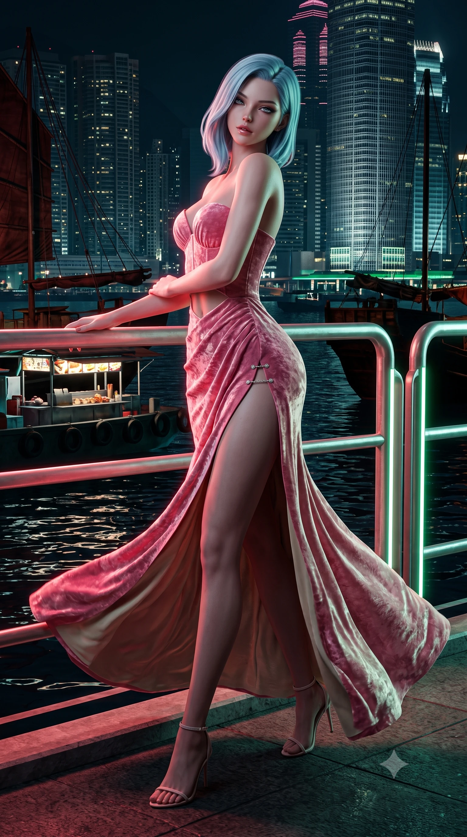 score_9, masterpiece, best quality, ultra-detailed, high-budget anime keyframe, semi-realistic 3D game render, editorial fashion photography, tasteful artistic composition, Korean woman. low angle full-body shot from head to toe showing her feet, filling the entire 9:16 vertical frame with her statuesque presence, stretching her vertical silhouette. executing an elegant mid-motion pivot turn as garments swirl around her slender limbs, glancing over her shoulder with an intoxicating bedroom-gaze while leaning against the illuminated harbor railing with hips cocked, casting a smoky, dangerous bedroom-gaze past floating street food barges. The surrounding environment is rendered in vivid detail and crisp panoramic clarity. sharp reflective dark water caustics, junk boat rigging lines, and skyscraper facade grid clarity in deep focus. She has an exceptionally tall and slender model-like 8.5-heads proportion, an ultra-slim waist, a flat toned midriff, narrow delicate ribcage, and beautifully sculpted feminine hips creating a graceful, slim hourglass silhouette without any bulky heaviness, with impossibly long slender legs. sharp v-shaped jawline, high-bridge nose, intricate jewel-like eyes with depth, thick eyelashes, glossy parted lips with a natural sheen, intensely captivating and seductive bedroom-eyes expression, flawlessly proportioned anatomical accuracy, strict slender model proportions, natural body alignment, perfectly sculpted long slender limbs, ultra-slim waistline, clean dynamic posture without body distortion. wearing a deep sweetheart neckline crushed velvet corseted ballgown with an exposed midriff cutout in sakura blossom pink and warm ivory, woven from layered gossamer chiffon with a weightless sweeping drape, finished with an ultra-high side slit secured by miniature jeweled clasps, the glove-like aerodynamic silhouette tightly following the natural contour of her hips and long slender legs with statuesque 8.5-heads elegance. bathed in vivid crimson and laser emerald neon edge lights contrasting with dark oceanic shadows. highly saturated vibrant anime colors, detailed shading with soft gradients, rich glossy textures, high-contrast stereoscopic depth, volumetric dynamic lighting, master piece, 9:16 ratio