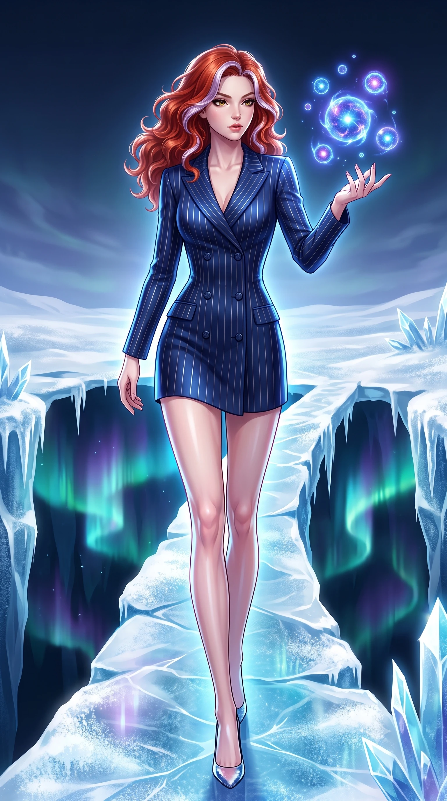 score_9, masterpiece, best quality, ultra-detailed, high-budget anime keyframe, editorial fashion photography, tasteful artistic composition, Caucasian woman. low angle full-body shot from head to toe showing her feet, filling the entire 9:16 vertical frame with her statuesque presence, stretching her vertical silhouette. interacting gracefully with the magical floating elements while maintaining a confident posture stepping along a frozen crystalline bridge over an aurora-lit chasm, frosty condensation on surfaces catching brilliant rim lighting. She has an absolutely perfect, statuesque 8.5-heads proportion, an exceptionally tall and slender model-like female figure with impossibly long slender legs and an ultra-slim waist. sharp v-shaped jawline, high-bridge nose, intricate jewel-like eyes with depth, thick eyelashes, glossy lips with a natural sheen. wearing a tailored double-breasted blazer dress in navy with subtle metallic pin-stripes, the tailored fabric tightly following every curve of her athletic build. surrounded by a crisp, high-contrast glow with ultra-bright specular highlights. highly saturated vibrant anime colors, detailed shading with soft gradients, rich glossy textures, high-contrast stereoscopic depth, volumetric dynamic lighting, master piece, 9:16 ratio