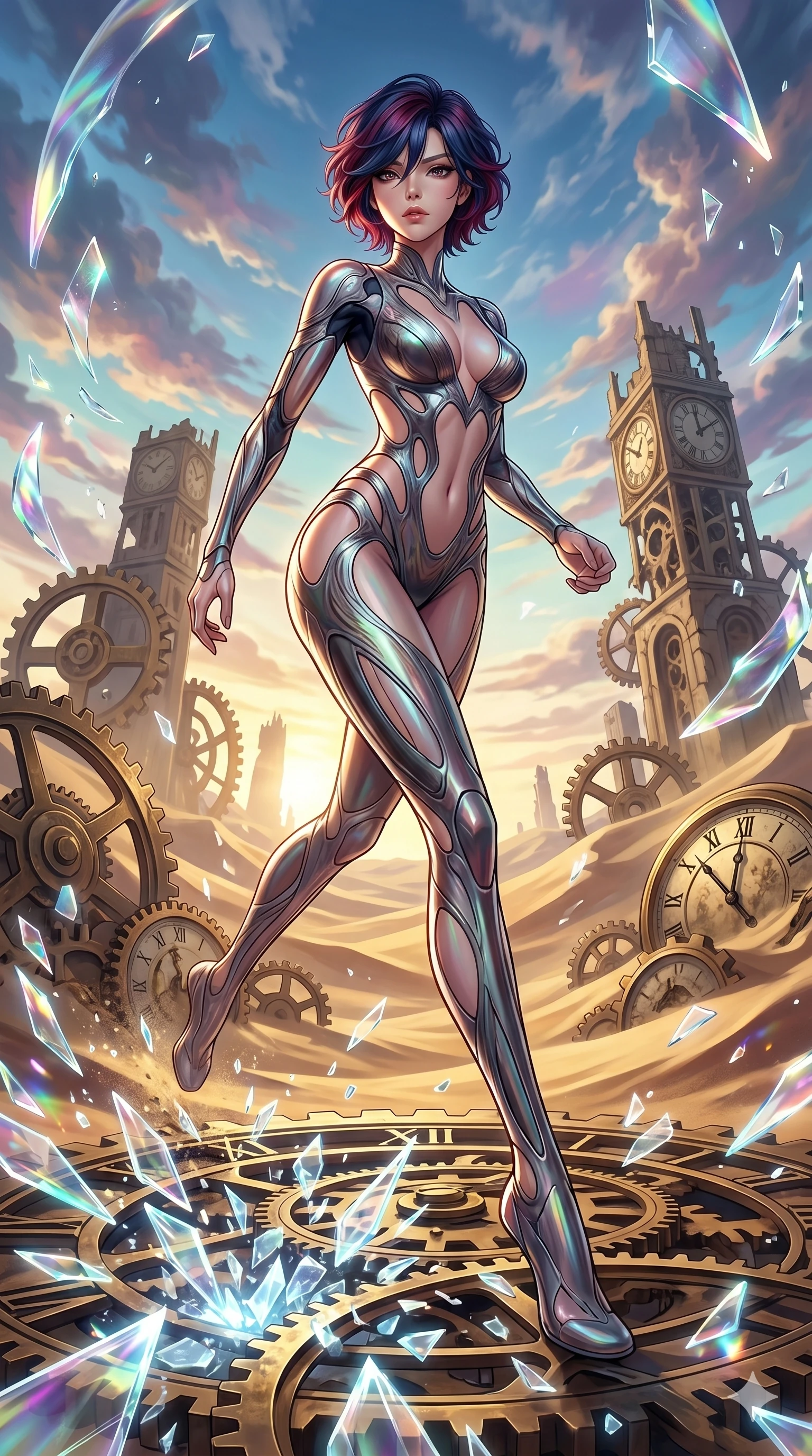 score_9, masterpiece, best quality, ultra-detailed, Set A: High-budget Anime Keyframe, Korean woman. Low angle cowboy shot filling the entire 9:16 frame with her statuesque presence. Sprinting through a clockwork desert, as the ground beneath her turns into 141 shards of light and surrounded by shattered glass fragments. She has an absolutely perfect 8-heads proportion, an exceptionally tall and slender female figure with impossibly long slender legs and an ultra-slim waist. Sharp v-shaped jawline, high-bridge nose, intricate jewel-like eyes with depth, thick eyelashes, glossy lips with a natural sheen. Wearing Minimalist tech-suit with negative-space cutouts and liquid metal textures. Cinematic lighting, vibrant colors, dramatic shadows, 2k, ultra detail, master piece, 9:16 ratio