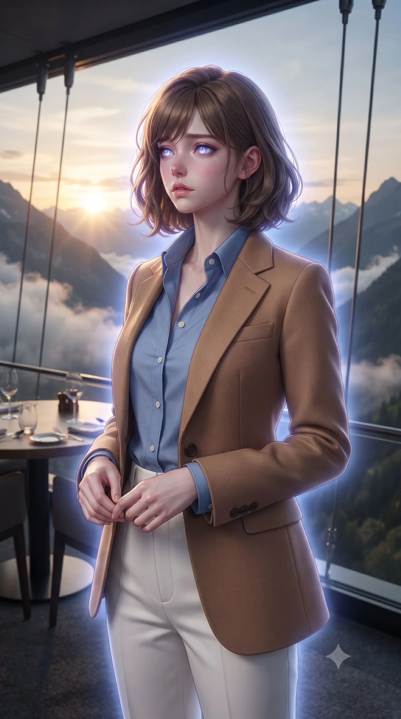 score_9, masterpiece, best quality, ultra-detailed, high-budget anime keyframe, editorial fashion photography, tasteful artistic composition, Caucasian woman, strictly human ears. close-up cowboy shot from the waist and thighs up, the character dominates the composition, filling the frame with her large presence, background elements kept in soft focus. Gazing into the distance with a wistful melancholic expression and softly glowing eyes. set against a soft-focus background of a restaurant with panoramic glass walls suspended by cables above a dramatic mountain valley with clouds drifting at table level and the sun setting between distant peaks visible through crystal-clear glass. She has an exceptionally elegant and slender, willowy female figure with an ultra-slim waist, a gracefully sculpted slender torso, and a refined slim physique. sharp v-shaped jawline, high-bridge nose, intricate jewel-like eyes with depth, thick eyelashes, glossy lips with a natural sheen. wearing a structured camel wool blazer over a French blue cotton button-down shirt and high-waisted white trousers. cool ethereal blue-violet bioluminescent glow wrapping around her from all sides. 2k, ultra detail, master piece, 9:16 ratio