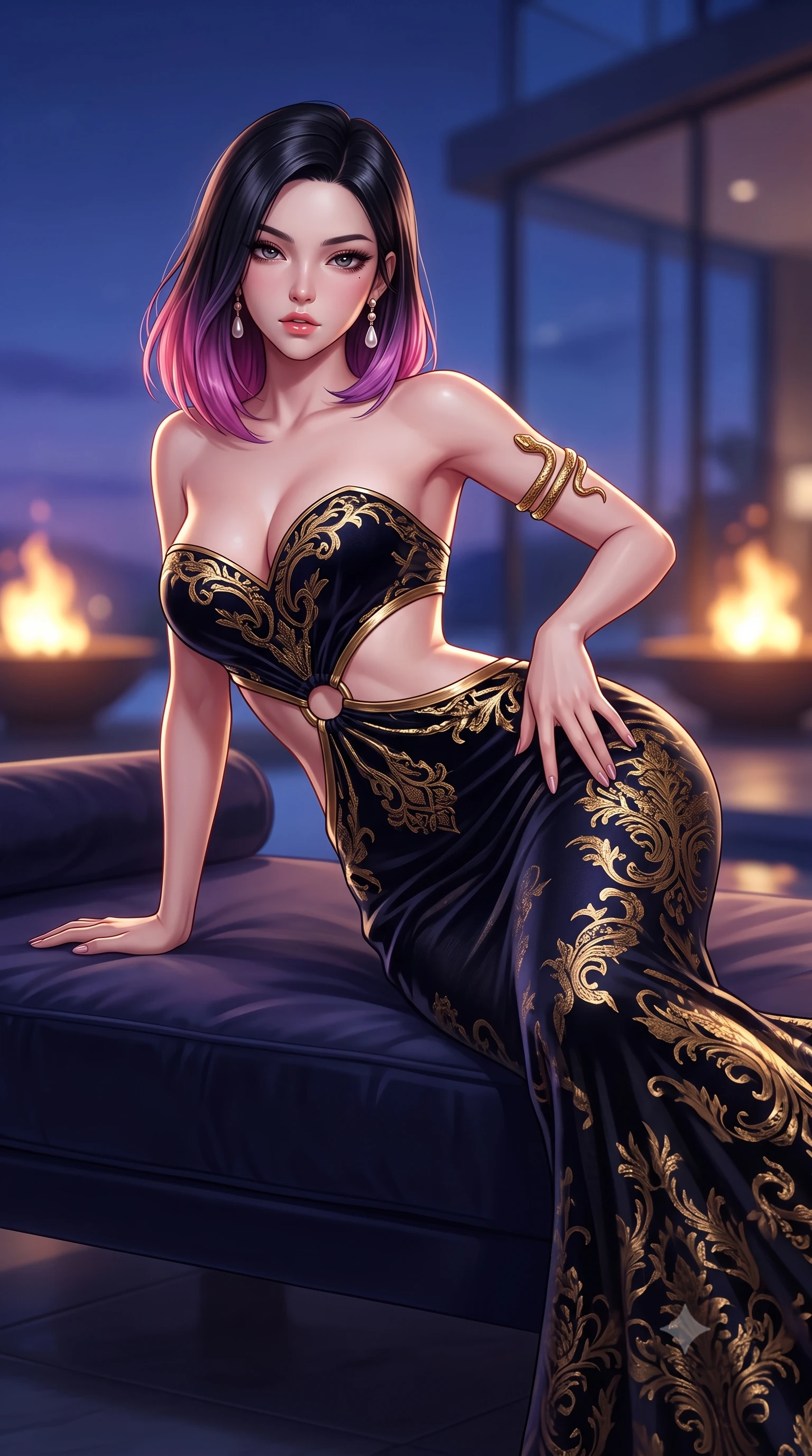 score_9, masterpiece, best quality, ultra-detailed, high-budget anime keyframe, semi-realistic 3D game render, editorial fashion photography, tasteful artistic composition, Korean woman. close-up cowboy shot from the waist and thighs up, the character dominates the composition, filling the frame with her large presence. arching her spine backward with effortless dancer poise, one hand sliding along her hip line as directional light carves specular highlights along her silhouette while reclining on her side across a floating velvet infinity daybed, one leg extended and torso propped on one elbow to accentuate the sweeping line of her curvy hips. The composition keeps background elements in soft focus with creamy bokeh. glass terrace architecture and glowing fire pits softened in glamorous shallow depth of field. She has an exceptionally elegant, slender, and willowy female figure with an ultra-slim waist, a gracefully sculpted slender torso, toned flat midriff, and rounded feminine hips creating an alluring hourglass silhouette. sharp v-shaped jawline, high-bridge nose, intricate jewel-like eyes with depth, thick eyelashes, glossy parted lips with a natural sheen, intensely captivating and seductive bedroom-eyes expression, flawlessly proportioned anatomical accuracy, strict slender model proportions, natural body alignment, perfectly sculpted long slender limbs, ultra-slim waistline, clean dynamic posture without body distortion. wearing a sculptured strapless velvet evening gown with an open-waist ring cutout and body-hugging mermaid silhouette in midnight obsidian black and liquid gold, made of rich textured jacquard silk with baroque gold thread, accented with a sculptured gold serpent armlet and pearl drop earrings, the second-skin form-contouring cut accentuating her sculpted flat midriff, narrow waistline, and dramatically curvy hips without adding bulk. bathed in twilight indigo sky tones and warm amber rooftop fire pit glow. highly saturated vibrant anime colors, detailed shading with soft gradients, rich glossy textures, high-contrast stereoscopic depth, volumetric dynamic lighting, master piece, 9:16 ratio