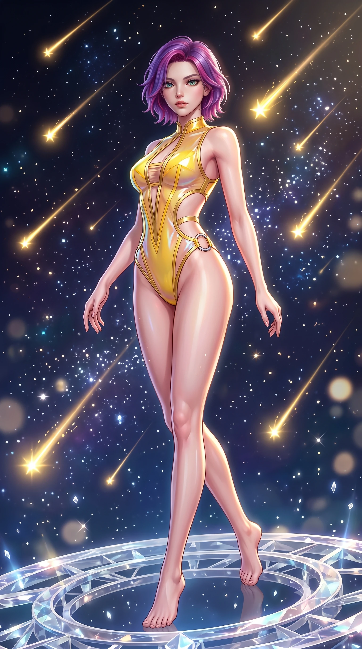 score_9, masterpiece, best quality, ultra-detailed, high-budget anime keyframe, semi-realistic 3D game render, editorial fashion photography, tasteful artistic composition, Caucasian woman. low angle full-body shot from head to toe showing her feet, filling the entire 9:16 vertical frame with her statuesque presence, stretching her vertical silhouette. pivoting dynamically in mid-motion with a breathtakingly alluring posture, displaying her flawless model proportions and ultra-slim waist while pivoting dynamically on a crystalline observation ring as a shower of glowing golden shooting stars streaks behind her. The composition keeps background elements in soft focus with creamy bokeh. sparkling diamond stardust motes scattering celestial light across a deep space backdrop. She has an absolutely perfect, statuesque 8.5-heads proportion, an exceptionally tall and slender model-like female figure with impossibly long slender legs, a toned flat midriff, and an ultra-slim waist. sharp v-shaped jawline, high-bridge nose, intricate jewel-like eyes with depth, thick eyelashes, glossy lips with a natural sheen, flawlessly proportioned anatomical accuracy, strict slender model proportions, natural body alignment, perfectly sculpted long slender limbs, ultra-slim waistline, clean dynamic posture without body distortion. wearing a high-cut translucent vinyl leotard with front paneling, exposed side-rib cutouts, and an open back in vibrant sunburst canary yellow and gold trim, made of smooth iridescent silk chiffon that shifts colors with movement, detailed with polished silver rings connecting the daring side-waist cutouts, the sleek second-skin cut tightly hugging her graceful clavicle, narrow waist, and feminine curves with athletic precision. surrounded by an awe-inspiring, divine, and radiantly sensual cosmic goddess aura. highly saturated vibrant anime colors, detailed shading with soft gradients, rich glossy textures, high-contrast stereoscopic depth, volumetric dynamic lighting, master piece, 9:16 ratio