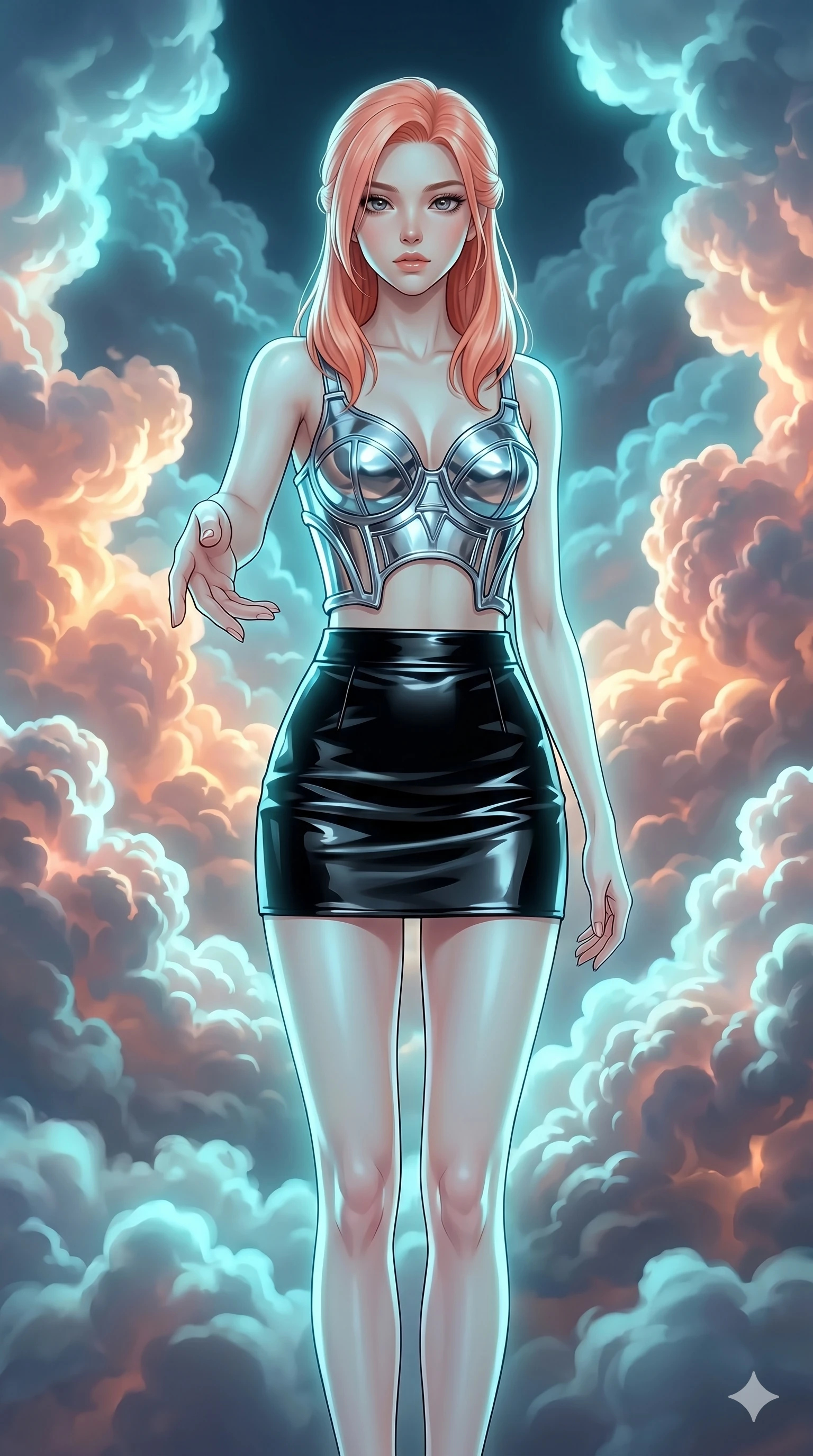 score_9, masterpiece, best quality, ultra-detailed, high-budget anime keyframe, editorial fashion photography, tasteful artistic composition, Japanese woman. cowboy shot from the thighs up, character and outfit filling the frame for maximum editorial presence. Reaching one hand toward the viewer with relaxed elegance inside a luminous cloud palace where cumulus formations glow with amber and rose from within. She has an absolutely perfect 8-heads proportion, an exceptionally tall and slender female figure with impossibly long slender legs and an ultra-slim waist. V-shaped jawline, high-bridge nose, intricate jewel-like eyes with depth, thick eyelashes, glossy lips with a natural sheen. wearing a sculptural chrome-plated structured crop top with molded geometric cups and architectural side boning, paired with a high-waist black gloss leather mini skirt to mid-thigh. illuminated by soft aqua bioluminescent light that makes her skin luminously glow against the dark. 2k, ultra detail, master piece, 9:16 ratio
