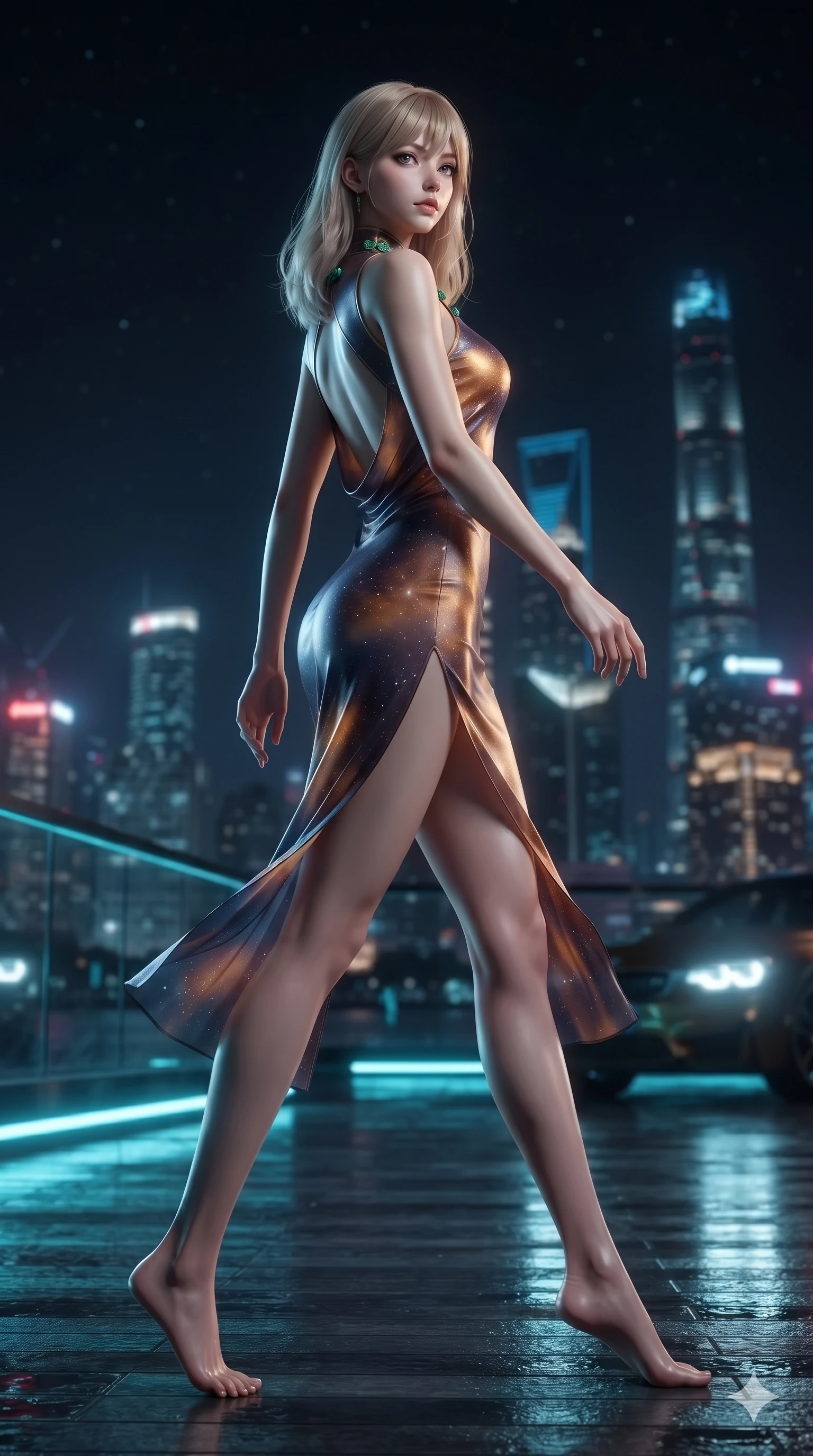 score_9, masterpiece, best quality, ultra-detailed, high-budget anime keyframe, editorial fashion photography, tasteful artistic composition, Japanese woman. low angle full-body shot from head to toe showing her feet, filling the entire 9:16 vertical frame with her statuesque presence, stretching her vertical silhouette. stepping forward in a confident stride, her long slender legs and curvaceous hips creating a dynamic, sweeping vertical line while twisting her slender torso in a deep contrapposto stance, hips dramatically shifted to accentuate her feminine curves while looking past her shoulder with smoldering bedroom-eyes. The surrounding environment is rendered in vivid detail and crisp panoramic clarity: rich high-contrast Shanghai modern noir chiaroscuro and ultra-luxury Oriental grand touring aesthetics in precision. She has an exceptionally tall and slender model-like 8.5-heads proportion, an ultra-slim waist, a flat toned midriff, narrow delicate ribcage, and beautifully sculpted feminine hips creating a graceful, slim hourglass silhouette without any bulky heaviness, with impossibly long slender legs. sharp v-shaped jawline, high-bridge nose, intricate jewel-like sparkling eyes with depth, thick eyelashes, glossy parted lips with a natural sheen, intensely captivating and seductive bedroom-eyes expression, exuding both youthful cute charm and sovereign luxury allure, flawlessly proportioned anatomical accuracy, strict slender model proportions, natural body alignment, perfectly sculpted long slender limbs, ultra-slim waistline, clean dynamic posture without body distortion. wearing a form-contouring gossamer silk chiffon slip dress with a hip-high slit and open cowl back clinging with dewy moisture in cosmic eclipse amber and starlight diamond, crafted from translucent silk organza with an ethereal crystalline sheen, finished with sleek jade frog closures glinting along her high collar, the form-contouring material adhering flawlessly to her sculpted flat midriff and slender torso, emphasizing her long leg lines and perfectly proportioned willowy build. illuminated by terrace parquet bounce and sharp neon-cyan rim lights sculpting her razor-sharp jawline, narrow waist, and curvy hips. ultra-reflective glossy finish, specular highlights, rich textural contrasts, high-contrast stereoscopic depth, volumetric dynamic lighting, 2k, ultra detail, master piece, 9:16 ratio
