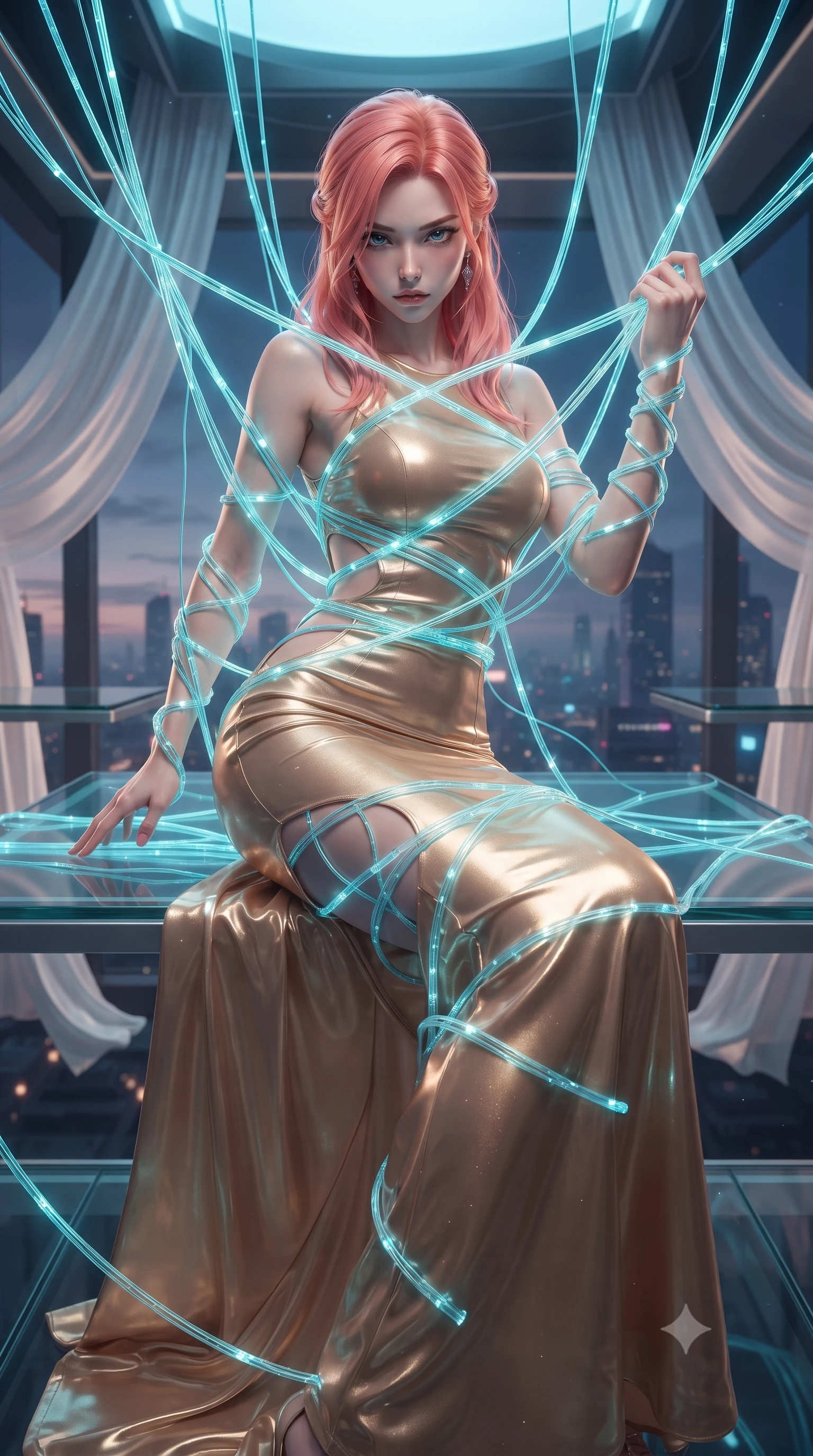 score_9, masterpiece, best quality, ultra-detailed, High-budget Anime Keyframe, editorial fashion photography, tasteful artistic composition, realistic cosplay photography, East Asian woman. Low angle cowboy shot filling the entire 9:16 frame with her statuesque presence. Scenario 364: tangled in a web of glowing cyan fiber-optic cables inside a luxury sky-lounge with floating glass platforms and white silk drapes. Her presence is magnetic and overpowering in this high-budget cinematic scene. Outfit 364: a body-hugging shimmering chiffon gold with a strategic side cut-outs and tight-fitting silhouette. The clothing is designed to emphasize her exceptionally tall and slender 8-heads proportion. 8-heads proportion, towering silhouette, ultra-slim waist. sharp v-shaped jawline, intricate jewel-like eyes with depth, thick eyelashes, glossy lips. ultra-reflective glossy finish, specular highlights, metallic sheen, high-contrast stereoscopic depth, volumetric dynamic lighting, 2k, ultra detail, master piece, 9:16 ratio