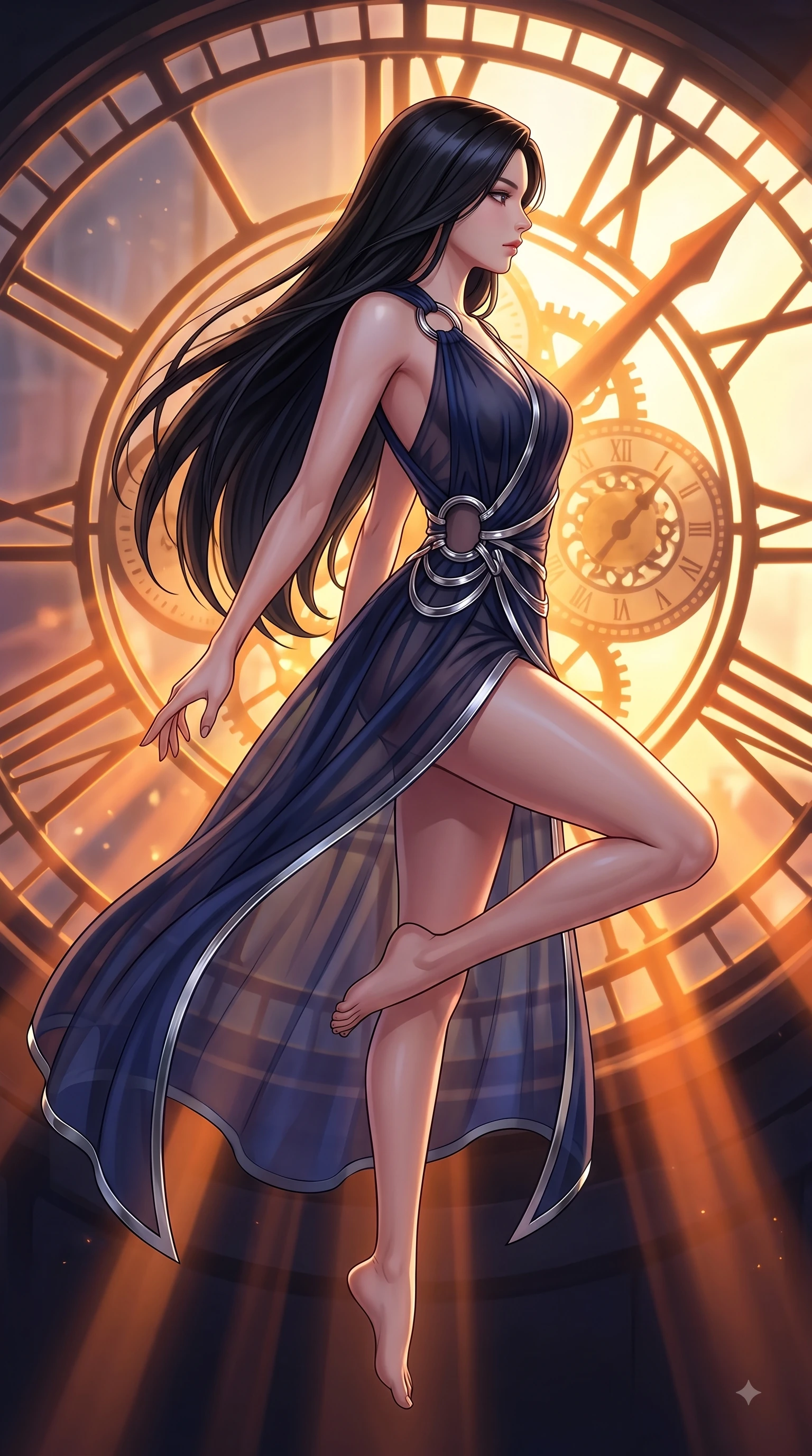 score_9, masterpiece, best quality, ultra-detailed, high-budget anime keyframe, editorial fashion photography, tasteful artistic composition, Korean woman. low angle full-body shot from head to toe showing her feet, filling the entire 9:16 vertical frame with her statuesque presence, stretching her vertical silhouette. performing an athletic mid-air rotation with flawless poise, her vertical silhouette beautifully stretched while pivoting in a dynamic profile pose as twilight amber light streams through the massive window, dramatic twilight amber light streaming through the giant clock window in bold beams. She has an absolutely perfect, statuesque 8.5-heads proportion, an exceptionally tall and slender model-like female figure with impossibly long slender legs and an ultra-slim waist. sharp v-shaped jawline, high-bridge nose, intricate jewel-like eyes with depth, thick eyelashes, glossy lips with a natural sheen, flawlessly proportioned anatomical accuracy, natural body alignment, perfectly sculpted elegant limbs, clean dynamic posture without body distortion. wearing an asymmetrical Grecian draped chiffon gown with a metallic shoulder ring in midnight navy blue and chrome trim, woven from fine semi-opaque sheer organza, accented with delicate chrome ring hardware framing her waist, the sleek second-skin texture accentuating her magnetic presence. illuminated by a brilliant golden hour glow filtering through clockwork dials. highly saturated vibrant anime colors, detailed shading with soft gradients, rich glossy textures, high-contrast stereoscopic depth, volumetric dynamic lighting, master piece, 9:16 ratio