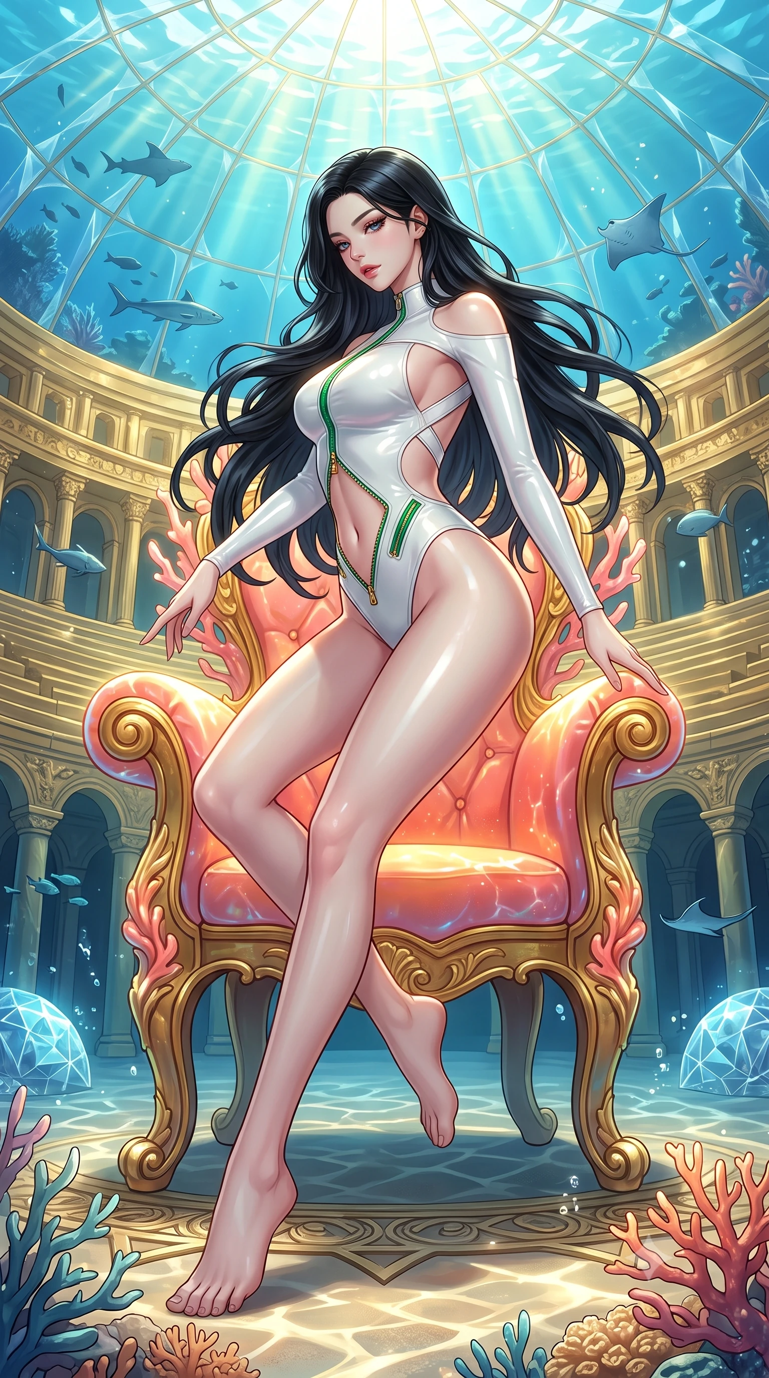 score_9, masterpiece, best quality, ultra-detailed, high-budget anime keyframe, semi-realistic 3D game render, editorial fashion photography, tasteful artistic composition, Korean woman. low angle full-body shot from head to toe showing her feet, filling the entire 9:16 vertical frame with her statuesque presence, stretching her vertical silhouette. pivoting dynamically in mid-motion with a breathtakingly alluring posture, displaying her flawless model proportions and ultra-slim waist while reclining gracefully on a glowing coral throne inside an ancient sunken golden amphitheatre beneath an air-bubble dome. The surrounding environment is rendered in vivid detail and crisp panoramic clarity. crisp submerged architectural carvings, swimming sea-life silhouettes, and crystal dome facets in high clarity. She has an absolutely perfect, statuesque 8.5-heads proportion, an exceptionally tall and slender model-like female figure with impossibly long slender legs, a toned flat midriff, and an ultra-slim waist. sharp v-shaped jawline, high-bridge nose, intricate jewel-like eyes with depth, thick eyelashes, glossy lips with a natural sheen, flawlessly proportioned anatomical accuracy, strict slender model proportions, natural body alignment, perfectly sculpted long slender limbs, ultra-slim waistline, clean dynamic posture without body distortion. wearing a glossy white second-skin latex bodysuit with high-thigh cuts, exposed clavicle neckline, and gleaming zipper details in bright emerald green satin and gold hardware, crafted from ultra-reflective second-skin latex with a high-gloss glass-like polish, complemented by criss-cross back straps highlighting her completely bare spine, the precision-cut daring openings accentuating her delicate midriff, graceful bare collarbones, and ultra-slim feminine waistline. bathed in shimmering golden sunlight caustics filtering through clear ocean waters. highly saturated vibrant anime colors, detailed shading with soft gradients, rich glossy textures, high-contrast stereoscopic depth, volumetric dynamic lighting, master piece, 9:16 ratio