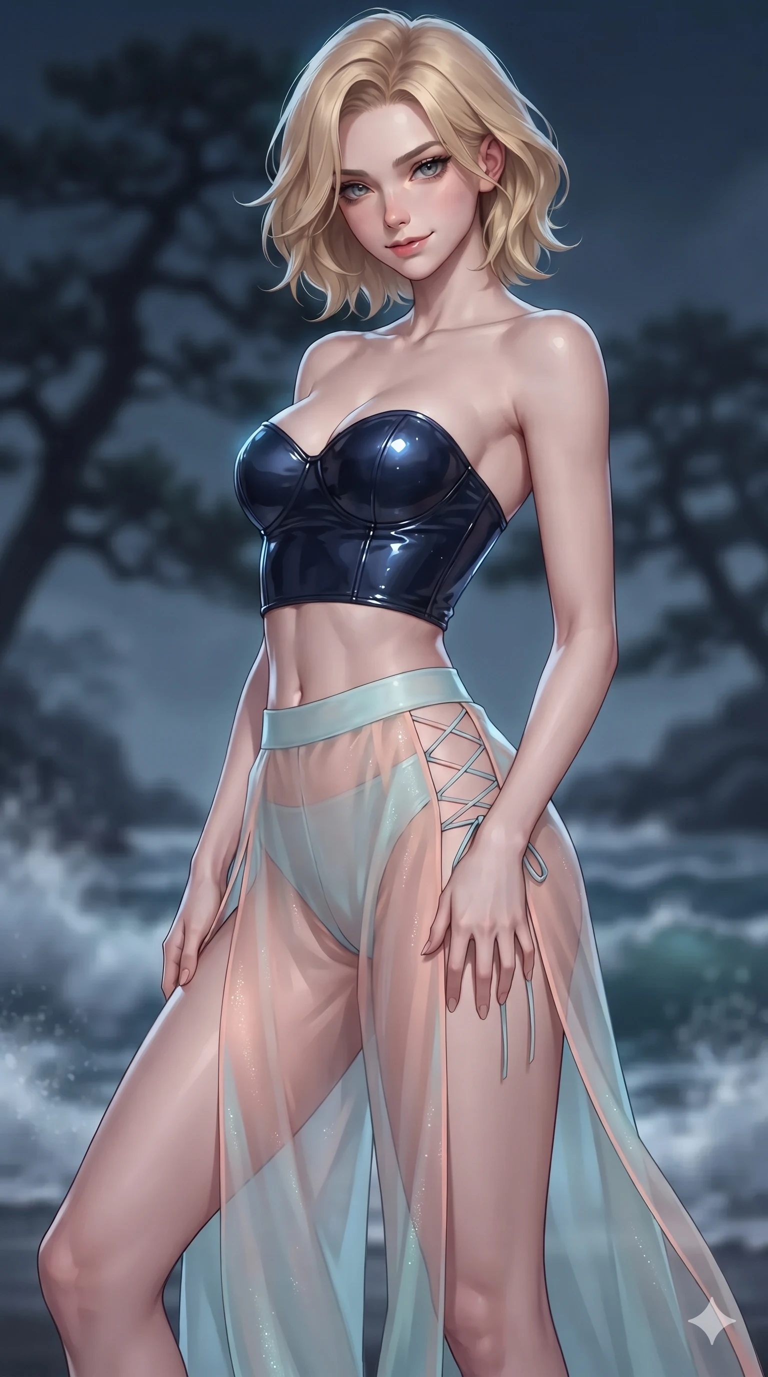 score_9, masterpiece, best quality, ultra-detailed, high-budget anime keyframe, editorial fashion photography, tasteful artistic composition, Caucasian woman. close-up cowboy shot from the waist and thighs up, the character dominates the composition, filling the frame with her large presence. tilting her head with a teasing half-smile, running one hand slowly down the side of her hip in a flirtatious S-curve as ambient light caresses her silhouette while twisting her slender torso in an alluring contrapposto stance, dramatic moonlight and breaking wave spray tracing her flat midriff and hips. The background shows a soft-focus gnarled ancient pine silhouettes and rolling ocean waves below blurred into deep midnight navy, silver, and charcoal bokeh. She has an exceptionally elegant, slender, and willowy female figure with an ultra-slim waist, flat toned midriff, narrow ribcage, and sculpted feminine hips creating an alluring, slim hourglass silhouette without bulk. sharp v-shaped jawline, high-bridge nose, sparkling eyes with hypnotic seductive depth, thick curled eyelashes, glossy parted lips with a natural dewy peach sheen, alluring bedroom-eyes with an enchanting coquettish smile, exuding magnetic siren charisma and sophisticated glamour, flawlessly proportioned anatomical accuracy, strict slender model proportions, natural body alignment, perfectly sculpted long slender limbs, ultra-slim waistline, clean dynamic posture without body distortion. wearing a strapless wet-look vinyl bustier paired with sheer chiffon high-slit wrap trousers revealing her long slender legs in pastel peach blossom and celadon porcelain blue, crafted from delicate semi-sheer Korean gossamer organza with subtle pearlescent glints, featuring fine criss-cross lace-up side ties revealing tantalizing glimpses of her hip curve, the form-contouring silhouette accentuating her sculpted flat midriff, narrow delicate ribcage, and gracefully curvy hips with intoxicating allure. illuminated by ocean surf seafoam bounce and sharp cyan-platinum rim lights sculpting her razor-sharp jawline, narrow waist, and curvy hips. ultra-reflective glossy finish, specular highlights, rich textural contrasts, high-contrast stereoscopic depth, volumetric dynamic lighting, 2k, ultra detail, master piece, 9:16 ratio