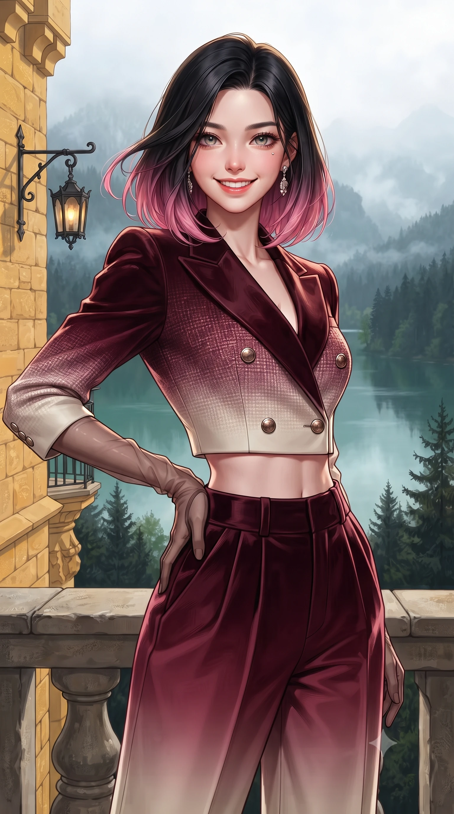 score_9, masterpiece, best quality, ultra-detailed, high-budget anime keyframe, editorial fashion photography, tasteful artistic composition, Korean woman. close-up cowboy shot from the waist and thighs up, the character dominates the composition, filling the frame with her large presence. twisting her slender torso in an alluring contrapposto stance, one hand resting on her sculpted hip while her fingers toy with her hair with effortless poise while standing poised on the castellated stone balcony overlooking the misty emerald waters of the Alpsee lake and dark pine forests, arching her lower back with regal high-fashion ease. The surrounding environment is rendered in vivid detail and crisp panoramic clarity: sharp golden-yellow limestone castle wall masonry, hand-forged iron lantern brackets, and dark alpine pine needle textures in deep focus. She has an exceptionally elegant, slender, and willowy female figure with an ultra-slim waist, flat toned midriff, narrow ribcage, and sculpted feminine hips creating an alluring, slim hourglass silhouette without bulk. sharp v-shaped jawline, high-bridge nose, intricate jewel-like sparkling eyes with depth, thick eyelashes, glossy parted lips with a natural peach sheen, bright cheerful beaming smile with an enchanting and coquettish sensual glint, exuding both youthful cute charm and seductive allure, flawlessly proportioned anatomical accuracy, strict slender model proportions, natural body alignment, perfectly sculpted long slender limbs, ultra-slim waistline, clean dynamic posture without body distortion. wearing a tailored Andalusian equestrian double-breasted tweed cape blazer paired with pleated wool trousers in Belvedere ivory pearl and Habsburg bordeaux wine, tailored from ultra-plush silk velvet with rich tactile depth and deep shadow gradients, complemented by sheer opera-length evening gloves tracing her slender arms, the bespoke structured tailoring following the natural line of her 8.5-heads silhouette with refined elegance. illuminated by stone terrace bounce and sharp platinum-gold rim lights sculpting her jawline, narrow waist, and curvy hips. ultra-reflective glossy finish, specular highlights, rich textural contrasts, high-contrast stereoscopic depth, volumetric dynamic lighting, 2k, ultra detail, master piece, 9:16 ratio