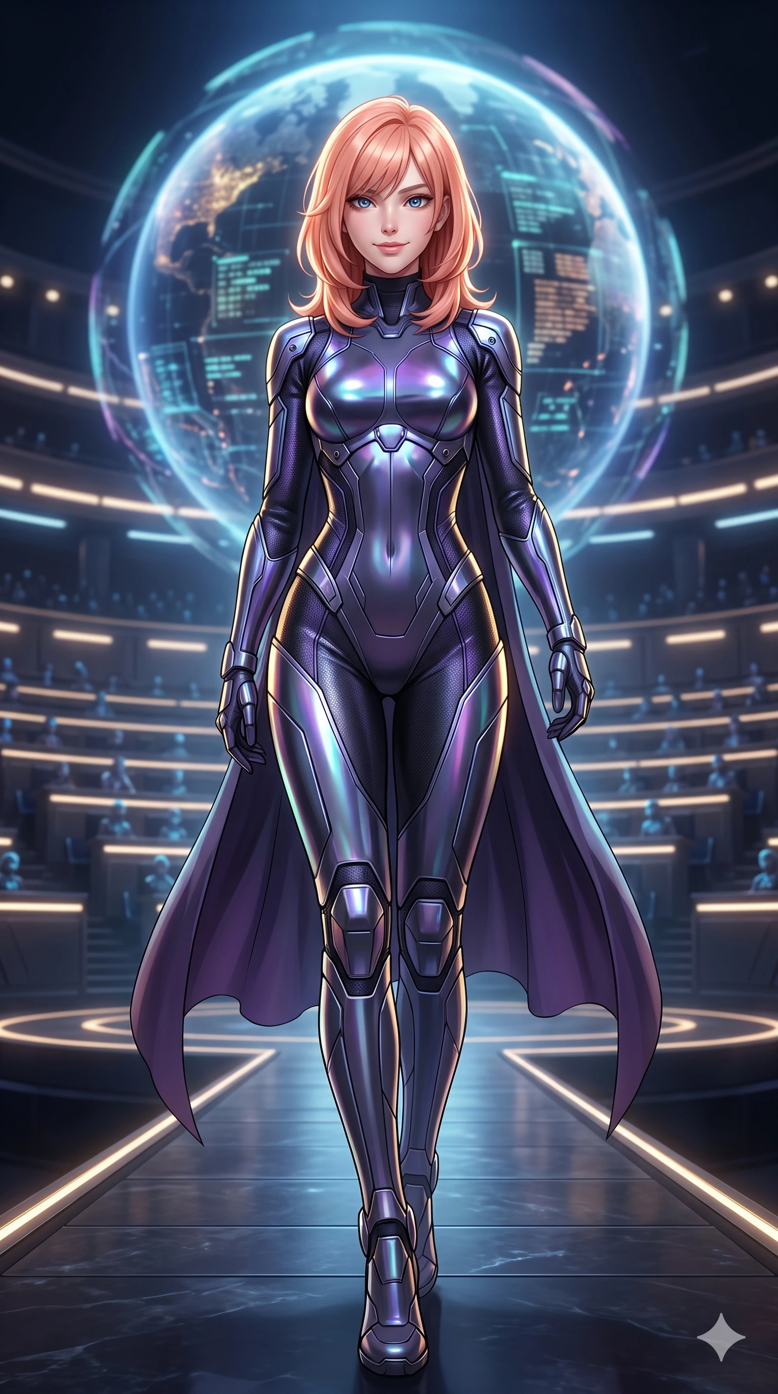 score_9, masterpiece, best quality, ultra-detailed, high-budget anime keyframe, semi-realistic 3D game render, editorial fashion photography, tasteful artistic composition, Japanese woman. low angle full-body shot from head to toe showing her feet, filling the entire 9:16 vertical frame with her statuesque presence, stretching her vertical silhouette. stepping forward in a confident stride along the catwalk, her long slender legs and curvaceous hips creating a dynamic, sweeping vertical line while standing in the center of the semicircular amphitheater beneath a colossal floating planetary matrix, arching her spine with sovereign authority as hundreds of holographic diplomatic delegations surround her. The background shows a soft-focus colossal floating holographic rotating planetary spheres, multi-tiered semicircular council seating rows, and recessed lighting strips softened in prestigious sci-fi senate shallow focus. She has an absolutely perfect, statuesque 8.5-heads proportion, an exceptionally tall and slender model-like female figure with impossibly long slender legs, an ultra-slim waist, a flat toned midriff, narrow delicate ribcage, and beautifully sculpted feminine hips creating a graceful, slim hourglass silhouette without any bulky heaviness. sharp v-shaped jawline, high-bridge nose, intricate jewel-like sparkling eyes with depth, thick eyelashes, glossy parted lips with a natural sheen, bright confident smile with an enchanting and coquettish sensual glint, exuding both youthful magnetic charm and sovereign high-tech allure, flawlessly proportioned anatomical accuracy, strict slender model proportions, natural body alignment, perfectly sculpted long slender limbs, ultra-slim waistline, clean dynamic posture without body distortion. wearing a high-neck tactical reconnaissance jumpsuit with reinforced knee and elbow articulation guards in iridescent dark chrome and holographic violet, crafted from lightweight aerodynamic matte carbon-fiber weave with structural stiffness, accented with strategically placed chrome armor plate guards covering key curves, the impeccably tailored cut draping gracefully along her slender figure with aristocratic poise. illuminated by polished black stone dais bounce and sharp gold-cyan rim lights sculpting her razor-sharp jawline, narrow waist, and curvy hips. highly saturated vibrant anime colors, detailed shading with soft gradients, rich glossy textures, high-contrast stereoscopic depth, volumetric dynamic lighting, master piece, 9:16 ratio