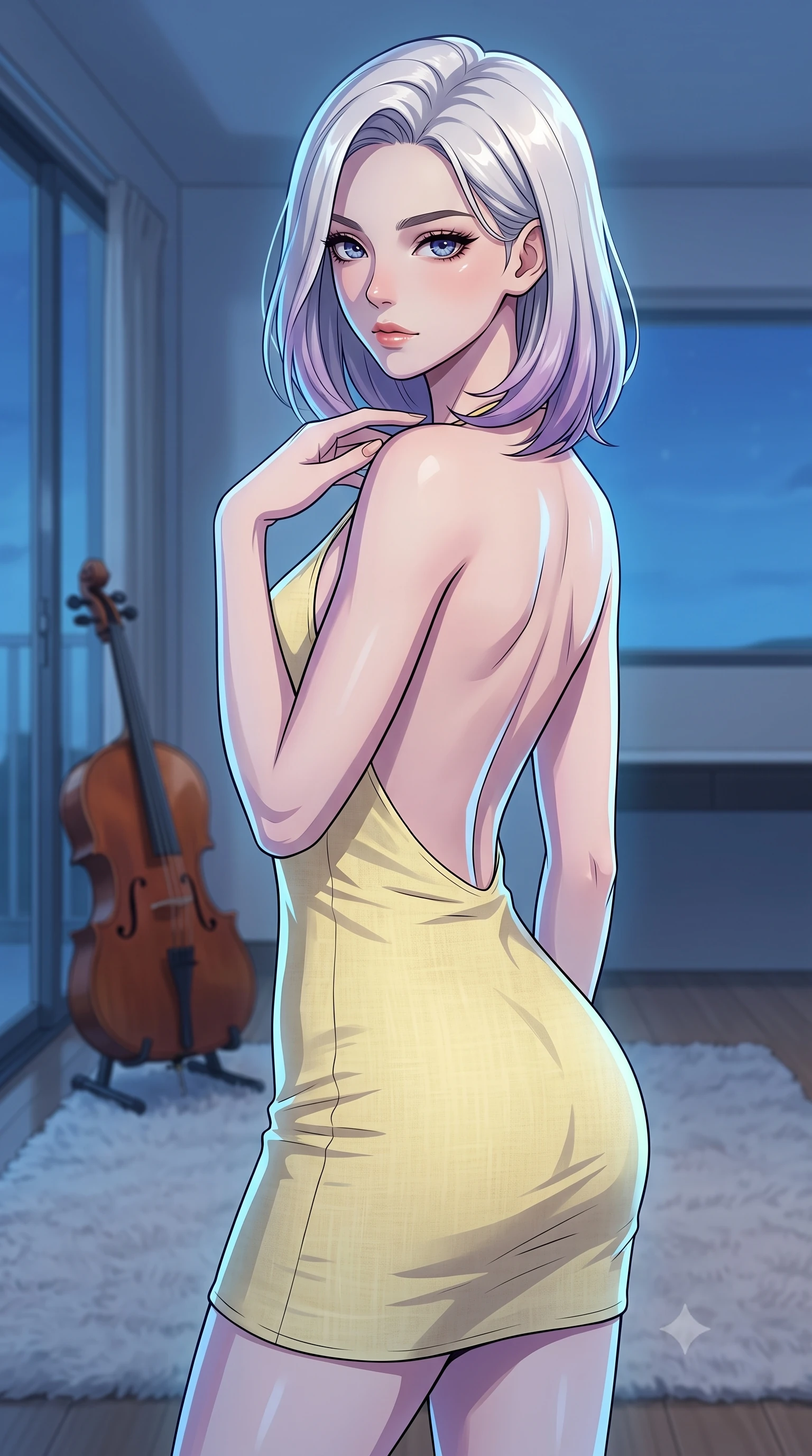 score_9, masterpiece, best quality, ultra-detailed, high-budget anime keyframe, tasteful artistic composition, Caucasian woman. close-up cowboy shot from the waist and thighs up, the character dominates the composition, filling the frame with her large presence, background elements kept in soft focus. standing with one hand resting on her collarbone, looking at the viewer with bedroom-eyes the background shows a soft-focus a modern minimal studio with a cello resting on a plush rug near a glass door. She has an exceptionally elegant, slender, and willowy female figure with an ultra-slim waist, a gracefully sculpted slender torso, and a refined silhouette. sharp v-shaped jawline, high-bridge nose, intricate jewel-like eyes with depth, thick eyelashes, glossy lips with a natural sheen. wearing a body-hugging backless summer sundress in pale yellow linen, showing her elegant shoulder blades. cool blue twilight sky glow casting cool highlights on her form. highly saturated vibrant anime colors, cel-shading, 2d style, master piece, 9:16 ratio