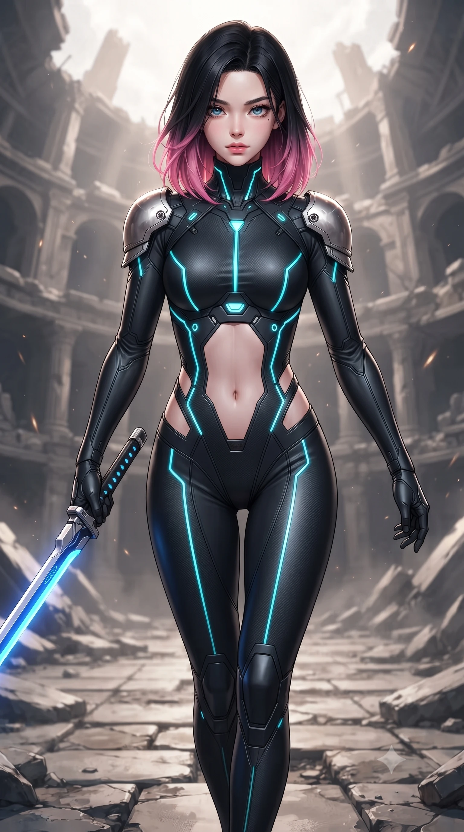 score_9, masterpiece, best quality, ultra-detailed, high-budget anime keyframe, editorial fashion photography, tasteful artistic composition, Korean woman. close-up cowboy shot from the waist and thighs up, the character dominates the composition, filling the frame with her large presence. gazing forward with divine sovereign poise, captivating jewel-like eyes shining with transcendent focus while holding her weapon with effortless mastery while striding forward across the ruined arena floor with greatsword held in one hand with effortless supermodel strength. The surrounding environment is rendered in vivid detail and crisp panoramic clarity. dramatic warrior chiaroscuro and monumental ruined arena architecture rendered in panoramic precision. She has an exceptionally elegant, slender, and willowy female figure with an ultra-slim waist, a gracefully sculpted slender torso, toned flat midriff, and a refined slim silhouette. sharp v-shaped jawline, high-bridge nose, intricate jewel-like eyes with depth, thick eyelashes, glossy lips with a natural sheen, flawlessly proportioned anatomical accuracy, strict slender model proportions, natural body alignment, perfectly sculpted long slender limbs, ultra-slim waistline, clean dynamic posture without body distortion. wearing an aerodynamic matte-black carbon-fiber bodysuit with glowing neon cyan conduit lines, reinforced by polished titanium pauldrons, wielding a sleek holographic plasma katana with a brilliant energy blade in electric cobalt blue carbon with polished platinum trim, formed from high-gloss patent carbon-plating with specular chiaroscuro reflections, finished with high-mobility articulation joints and miniature magnetic armor locks, the precision-cut daring openings accentuating her delicate midriff, graceful bare collarbones, and ultra-slim feminine waistline. illuminated by sharp specular highlights tracing her ultra-slim waist, long legs, and flat midriff. ultra-reflective glossy finish, specular highlights, dark metallic sheen, high-contrast stereoscopic depth, volumetric dynamic lighting, 2k, ultra detail, master piece, 9:16 ratio