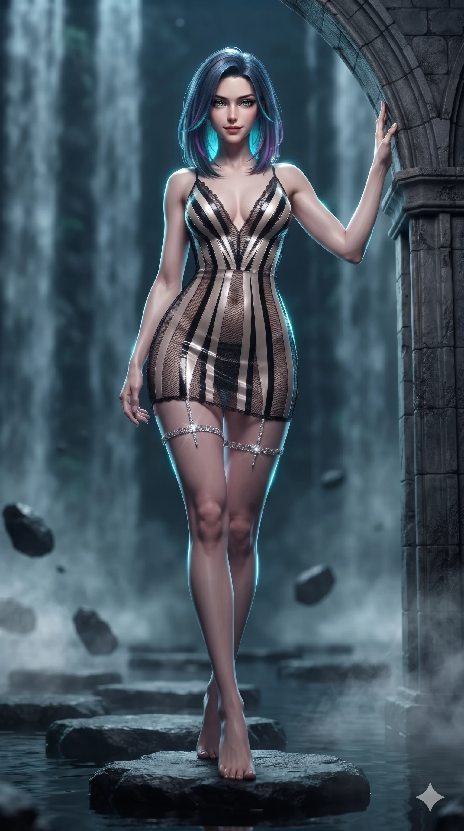 score_9, masterpiece, best quality, ultra-detailed, high-budget anime keyframe, editorial fashion photography, tasteful artistic composition, Caucasian woman. low angle full-body shot from head to toe showing her feet, filling the entire 9:16 vertical frame with her statuesque presence, stretching her vertical silhouette. standing tall beside the towering gothic arch, one hand resting high while arching her lower back to emphasize her sculpted feminine curves while stepping gracefully from stone to stone across the midnight water garden, hips swaying in an alluring sensual rhythm. The background shows a soft-focus vertical cascading water walls, floating black volcanic stone pathways, and rising water vapor blurred into charcoal, teal, and slate bokeh. She has an absolutely perfect, statuesque 8.5-heads proportion, an exceptionally tall and slender model-like female figure with impossibly long slender legs, an ultra-slim waist, a flat toned midriff, narrow delicate ribcage, and beautifully sculpted feminine hips creating a graceful, slim hourglass silhouette without any bulky heaviness. sharp v-shaped jawline, high-bridge nose, intricate jewel-like dark sparkling eyes with hypnotic seductive depth, thick curled eyelashes, glossy parted lips with a natural wine sheen, alluring bedroom-eyes with an enigmatic smoldering smile, exuding magnetic sovereign charisma and dark avant-garde glamour, flawlessly proportioned anatomical accuracy, strict slender model proportions, natural body alignment, perfectly sculpted long slender limbs, ultra-slim waistline, clean dynamic posture without body distortion. wearing a plunge-front sheer illusion tulle slip dress with liquid platinum ribbon stripes hugging her curves in celestial champagne ivory and high-gloss jet black, made of delicate semi-sheer nanotech mesh with airy hexagonal open-weaves, finished with delicate crystal-encrusted thigh garter straps glinting in the laser glare, contouring every curve with an exceptionally elegant silhouette and captivating allure. illuminated by water reflection upward bounce and sharp electric-cyan rim lights defining her razor-sharp jawline, narrow waist, and curvy hips. ultra-reflective glossy finish, specular highlights, metallic sheen, high-contrast stereoscopic depth, volumetric dynamic lighting, 2k, ultra detail, master piece, 9:16 ratio