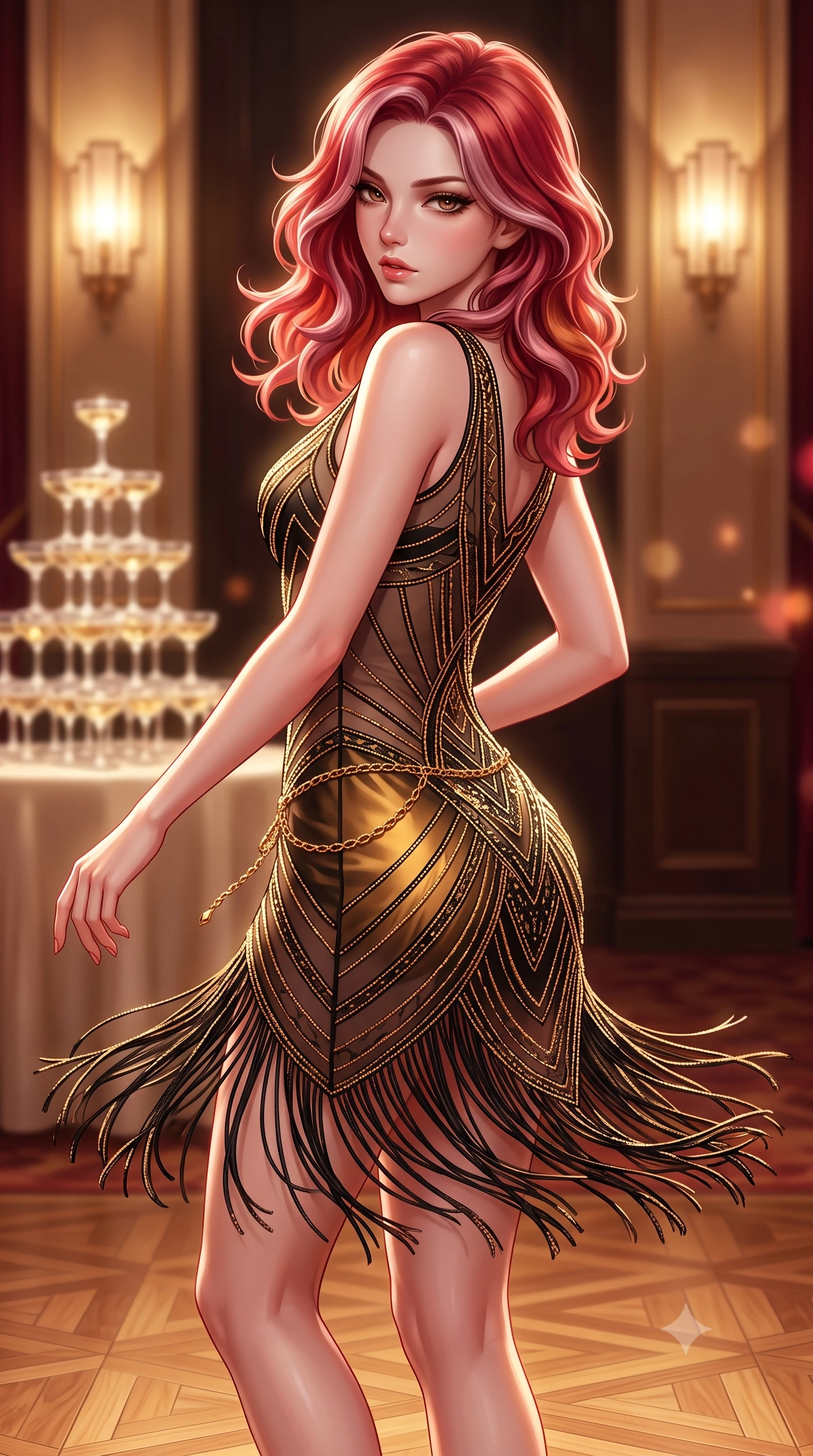 score_9, masterpiece, best quality, ultra-detailed, high-budget anime keyframe, semi-realistic 3D game render, editorial fashion photography, tasteful artistic composition, Caucasian woman. close-up cowboy shot from the waist and thighs up, the character dominates the composition, filling the frame with her large presence. twisting her slender torso in a deep contrapposto stance, hips dramatically shifted to accentuate her feminine curves while looking past her shoulder with smoldering bedroom-eyes while twirling dynamically on the polished parquet dance floor, fringes of her dress fluttering around her curvy hips. The composition keeps background elements in soft focus with creamy bokeh. towering crystal champagne pyramids and glowing art-deco wall sconces blurred into warm champagne, whiskey-gold, and ruby bokeh. She has an exceptionally elegant, slender, and willowy female figure with an ultra-slim waist, a gracefully sculpted slender torso, toned flat midriff, and rounded feminine hips creating an alluring hourglass silhouette. sharp v-shaped jawline, high-bridge nose, intricate jewel-like eyes with depth, thick eyelashes, glossy parted lips with a natural sheen, intensely captivating and seductive bedroom-eyes expression, flawlessly proportioned anatomical accuracy, strict slender model proportions, natural body alignment, perfectly sculpted long slender limbs, ultra-slim waistline, clean dynamic posture without body distortion. wearing a sheer vintage mesh flapper dress adorned with intricate geometric beadwork over a silk slip in high-contrast black and molten brass, formed from shimmering geometric Art Deco beadwork over fluid silk lining, accented with a delicate gold chain belt resting loosely on her curvy hips, the glove-like aerodynamic silhouette tightly following the natural contour of her hips and long slender legs with statuesque precision. illuminated by rich directional firelight sculpting every feminine curve of her slender silhouette. highly saturated vibrant anime colors, detailed shading with soft gradients, rich glossy textures, high-contrast stereoscopic depth, volumetric dynamic lighting, master piece, 9:16 ratio