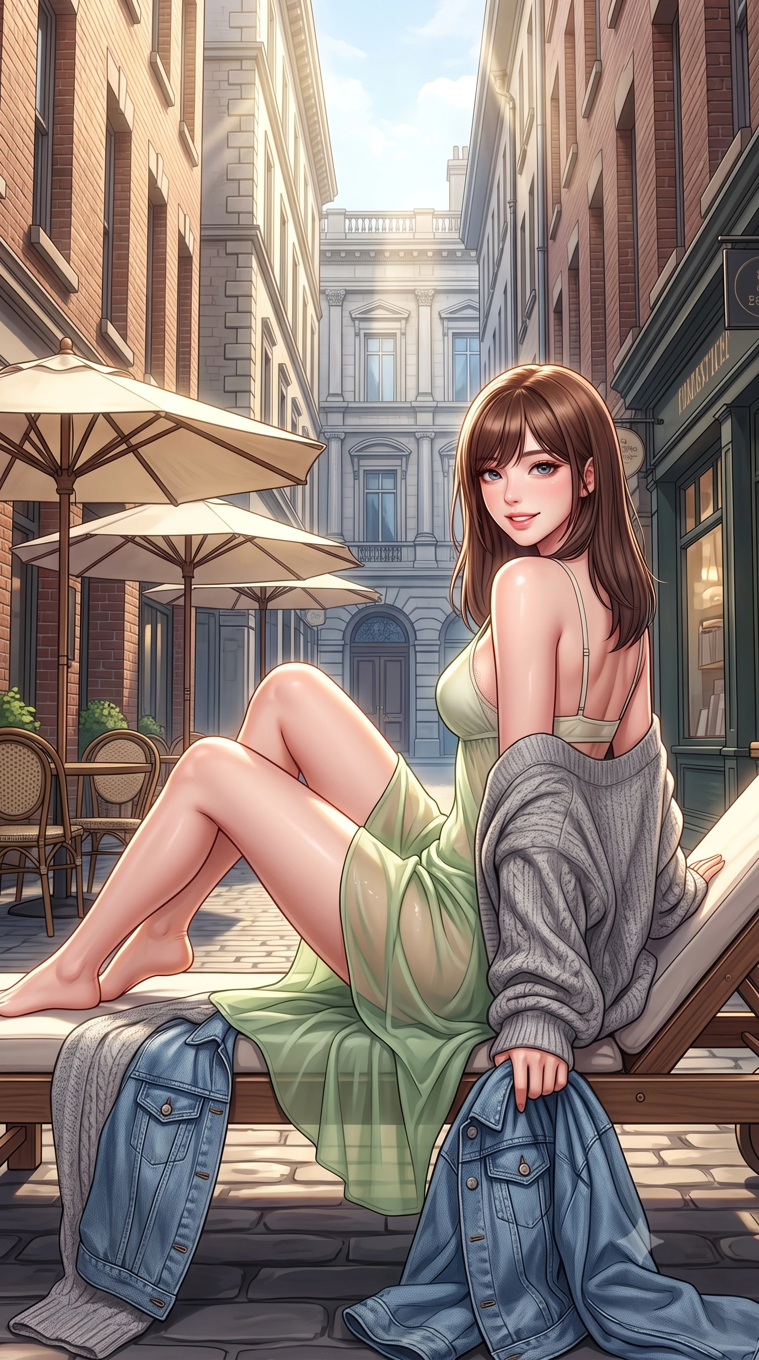 score_9, masterpiece, best quality, ultra-detailed, high-budget anime keyframe, semi-realistic 3D game render, editorial fashion photography, tasteful artistic composition, Korean woman. low angle full-body shot from head to toe showing her feet, filling the entire 9:16 vertical frame with her statuesque presence, stretching her vertical silhouette. reclining languidly on her side across the sunbed with one knee drawn up, her radiant smile and arched hip curve commanding the 9:16 vertical frame with youthful sensual charisma while standing poised between vintage cafe umbrellas, twisting her slender torso in an alluring contrapposto stance in the filtered morning sunbeams. The surrounding environment is rendered in vivid detail and crisp panoramic clarity. detailed denim jacket and knit skirt texture, morning sun glints on skin, and laneway architecture in high clarity. She has an exceptionally tall and slender model-like 8.5-heads proportion, an ultra-slim waist, a flat toned midriff, narrow delicate ribcage, and beautifully sculpted feminine hips creating a graceful, slim hourglass silhouette without any bulky heaviness, with impossibly long slender legs. sharp v-shaped jawline, high-bridge nose, intricate jewel-like sparkling eyes with depth, thick eyelashes, glossy parted lips with a natural peach sheen, bright cheerful beaming smile with an enchanting and coquettish sensual glint, exuding both youthful cute charm and seductive allure, flawlessly proportioned anatomical accuracy, strict slender model proportions, natural body alignment, perfectly sculpted long slender limbs, ultra-slim waistline, clean dynamic posture without body distortion. wearing a delicate semi-sheer chiffon sun-slip dress layered over a matching pastel bralette, hugging her slender waist and hips in matcha green and warm ivory, formed from supple second-skin stretch ribbed knit clinging to her form, complemented by an oversized soft knit cardigan slipping off one bare shoulder, the form-contouring cut accentuating her sculpted flat midriff, narrow delicate ribcage, and gracefully curvy hips with supermodel precision. bathed in filtered morning sunlight slicing down between tall laneway brick buildings. highly saturated vibrant anime colors, detailed shading with soft gradients, rich glossy textures, high-contrast stereoscopic depth, volumetric dynamic lighting, master piece, 9:16 ratio