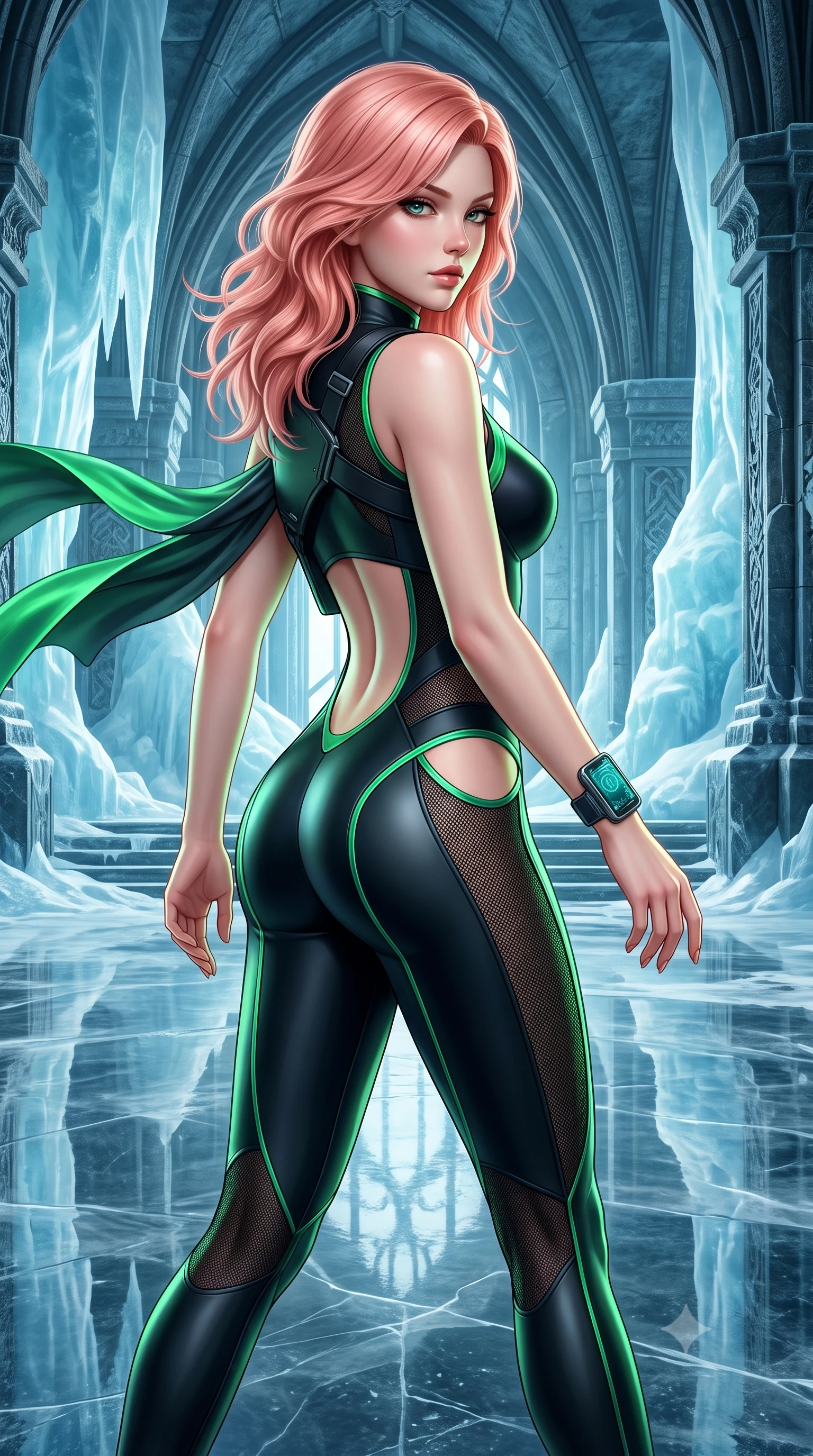score_9, masterpiece, best quality, ultra-detailed, high-budget anime keyframe, semi-realistic 3D game render, editorial fashion photography, tasteful artistic composition, Japanese woman. close-up cowboy shot from the waist and thighs up, the character dominates the composition, filling the frame with her large presence. twisting her slender torso in a deep contrapposto stance, hips dramatically shifted to accentuate her feminine curves while looking past her shoulder with smoldering bedroom-eyes while striding across the reflective frozen stone temple floor, hips swaying in an alluring rhythm as gale-force winds whip her silk drapery. The surrounding environment is rendered in vivid detail and crisp panoramic clarity. monumental high-contrast Nordic sci-fi chiaroscuro and mythic glacial architecture in precision. She has an exceptionally elegant, slender, and willowy female figure with an ultra-slim waist, a gracefully sculpted slender torso, toned flat midriff, and rounded feminine hips creating an alluring hourglass silhouette. sharp v-shaped jawline, high-bridge nose, intricate jewel-like eyes with depth, thick eyelashes, glossy parted lips with a natural sheen, intensely captivating and seductive bedroom-eyes expression, flawlessly proportioned anatomical accuracy, strict slender model proportions, natural body alignment, perfectly sculpted long slender limbs, ultra-slim waistline, clean dynamic posture without body distortion. wearing a sharp sleeveless tactical catsuit with an asymmetric shoulder holster and high collar in stealth obsidian black and electric aurora green, made of breathable technical athletic mesh and liquid-finish track nylon, equipped with a wrist-mounted miniature holographic display terminal, the precision-cut side openings and low-back scoop framing her graceful spine and the sensual sweep of her hips. illuminated by crisp metallic specular reflections sharply defining her sculpted waist, bare spine, and curvy hips. highly saturated vibrant anime colors, detailed shading with soft gradients, rich glossy textures, high-contrast stereoscopic depth, volumetric dynamic lighting, master piece, 9:16 ratio