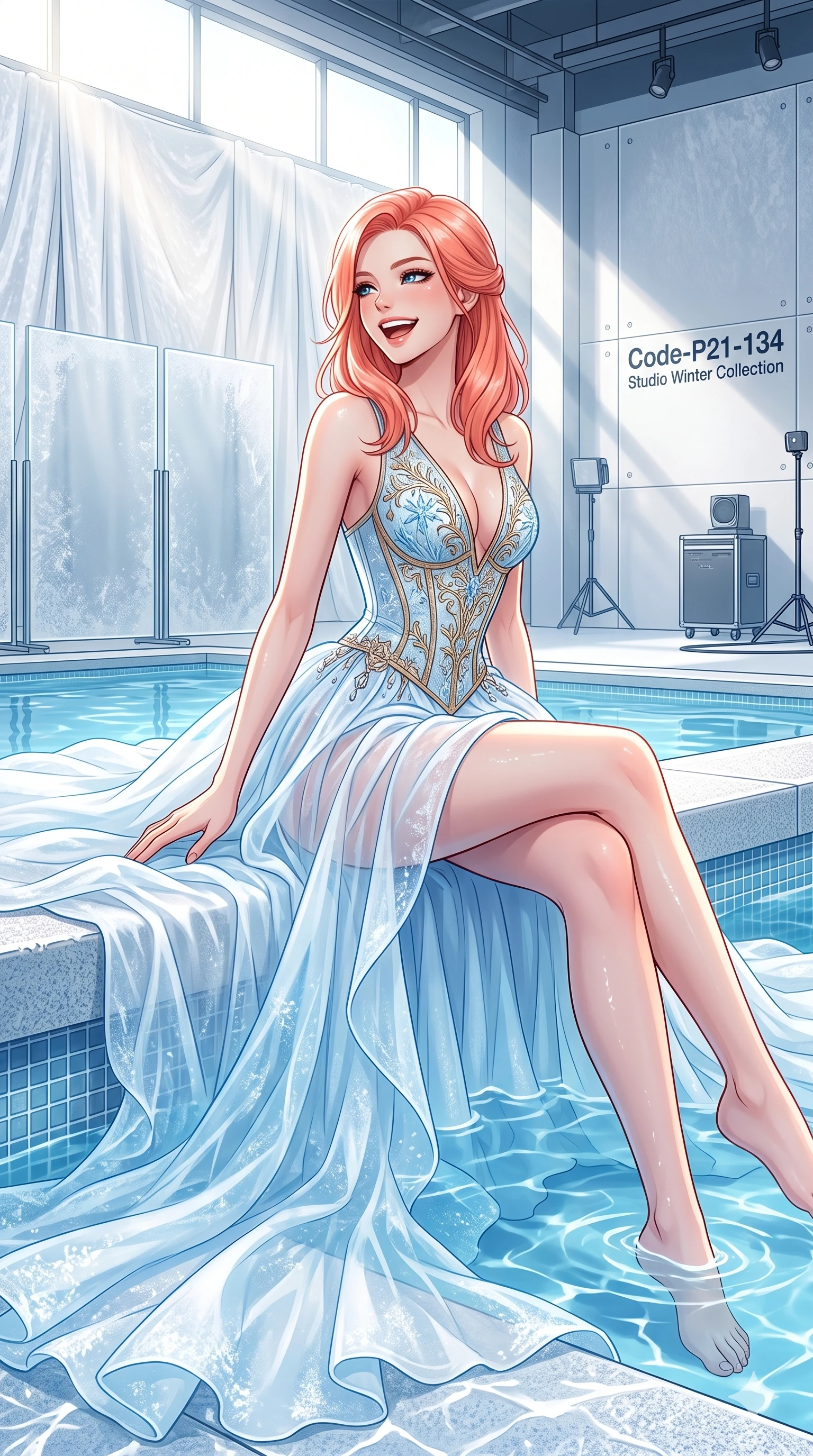 score_9, masterpiece, best quality, ultra-detailed, high-budget anime keyframe, vibrant anime aesthetic, Japanese woman. cowboy shot from the thighs up, character and outfit filling the frame for maximum presence. She is sitting by the pool, looking over her shoulder with a happy winter laugh inside a high-fashion studio with winter white backdrops (Code-P21-134). She has an absolutely perfect 8-heads proportion, an exceptionally tall and slender female figure with impossibly long slender legs and an ultra-slim waist. V-shaped jawline, high-bridge nose, intricate jewel-like eyes with depth, thick eyelashes, glossy lips with a natural sheen. wearing a custom corset with a plunging neckline showing her cleavage, paired with a sheer skirt in snow. She is illuminated by bright, direct sunbeams in a photography studio, creating clean outlines. 2k, ultra detail, master piece, 9:16 ratio