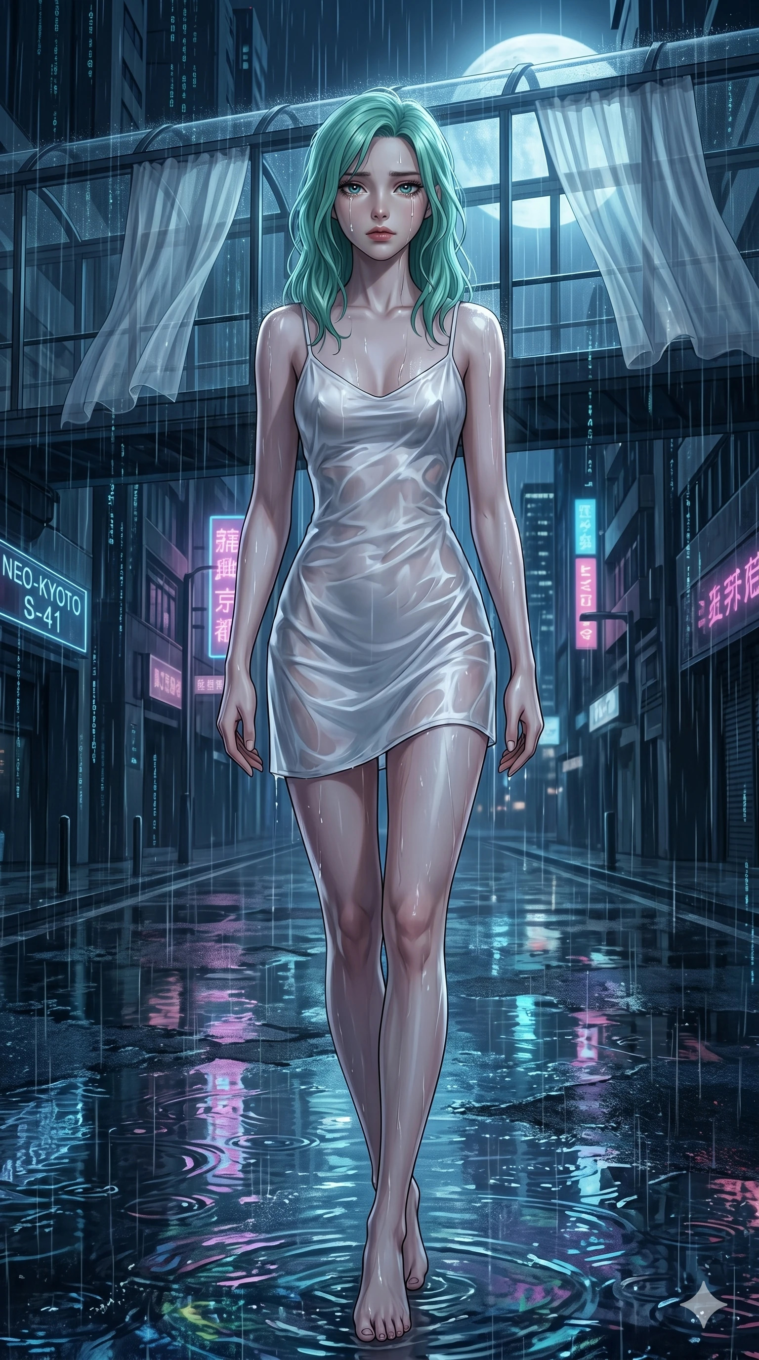 score_9, masterpiece, best quality, ultra-detailed, high-budget anime keyframe, editorial fashion photography, tasteful artistic composition, Japanese woman. cowboy shot from the thighs up, character and outfit filling the frame for maximum editorial presence. gazing past the camera with tear-rimmed jewel-like eyes, her expression filled with quiet, profound sorrow standing under pouring digital rain in a dark, empty street of a neo-city (Scenario Code S-41). She has an absolutely perfect 8-heads proportion, an exceptionally tall and slender female figure with impossibly long slender legs and an ultra-slim waist. V-shaped jawline, high-bridge nose, intricate jewel-like eyes with depth, thick eyelashes, glossy lips with a natural sheen. wearing a wet-look white silk slip dress that clings to her form, showing her elegant shoulder lines. bathed in cold moonlight filtering through translucent curtains, creating soft shadows. 2k, ultra detail, master piece, 9:16 ratio