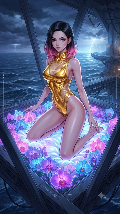 score_9, masterpiece, best quality, ultra-detailed, High-budget Anime Keyframe, East Asian woman. Dynamic full-body shot stretching the vertical silhouette to the limit. Scenario 282: kneeling on a soft bed of glowing neon orchids under a floating pl