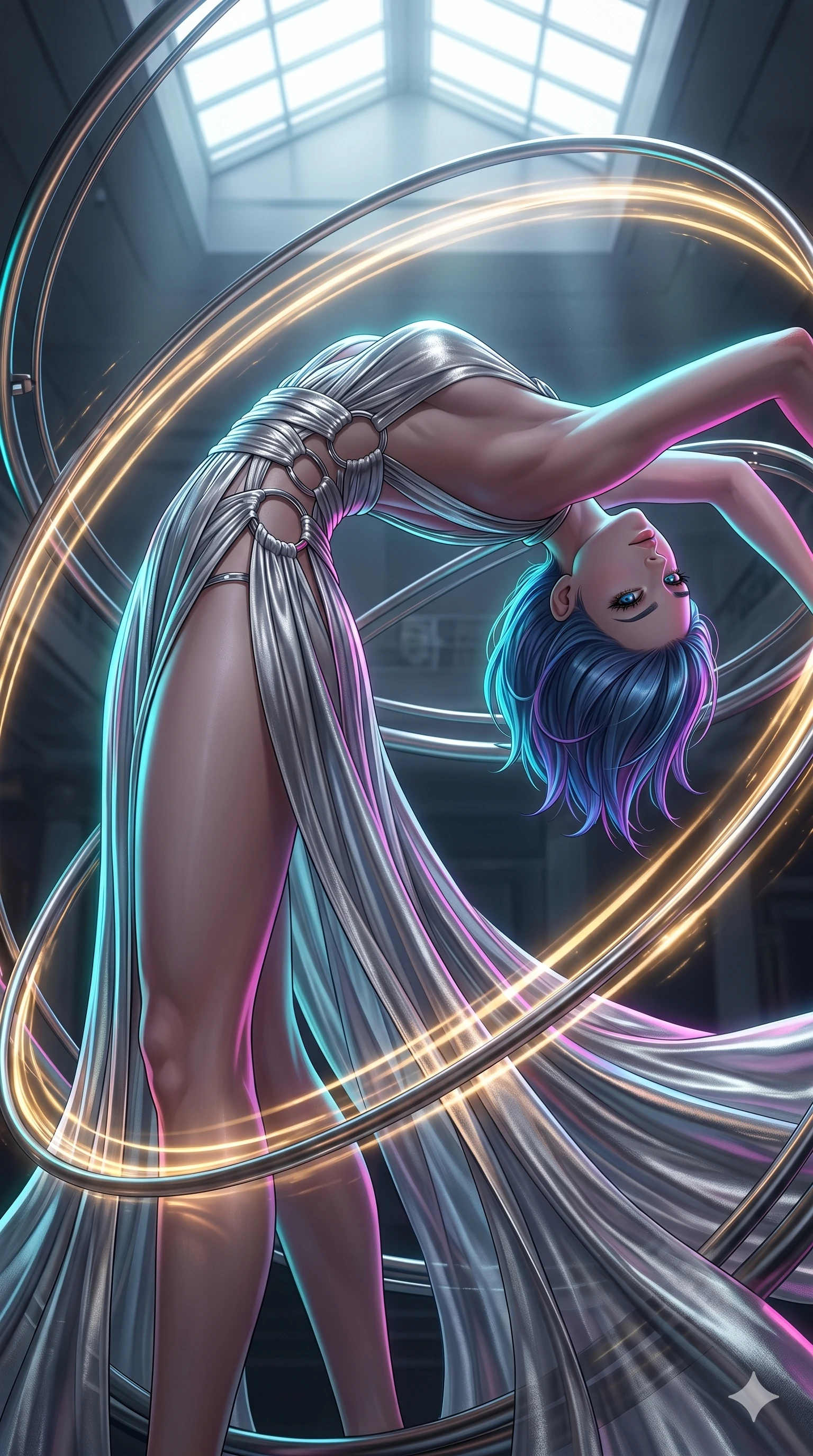 score_9, masterpiece, best quality, ultra-detailed, high-budget anime keyframe, editorial fashion photography, tasteful artistic composition, Caucasian woman, strictly human ears. upper body close-up from the thighs up, character filling the screen for maximum presence. bending backwards under inside a kinetic sculpture museum with massive moving metal rings as trails of golden light follow her dynamic movement. She has an absolutely perfect 8-heads proportion, an exceptionally tall and slender female figure with impossibly long slender legs and an ultra-slim waist. V-shaped jawline, high-bridge nose, intricate jewel-like eyes with depth, thick eyelashes, glossy lips with a natural sheen.. wearing a draped Grecian cyber-gown, featuring draped silver metallic chiffon held by metal ring hardware, displaying a elongated high-waist silhouette. bathed in brilliant cinematic volumetric lighting and intense neon rim light highlighting her slender form. 2k, ultra detail, master piece, 9:16 ratio