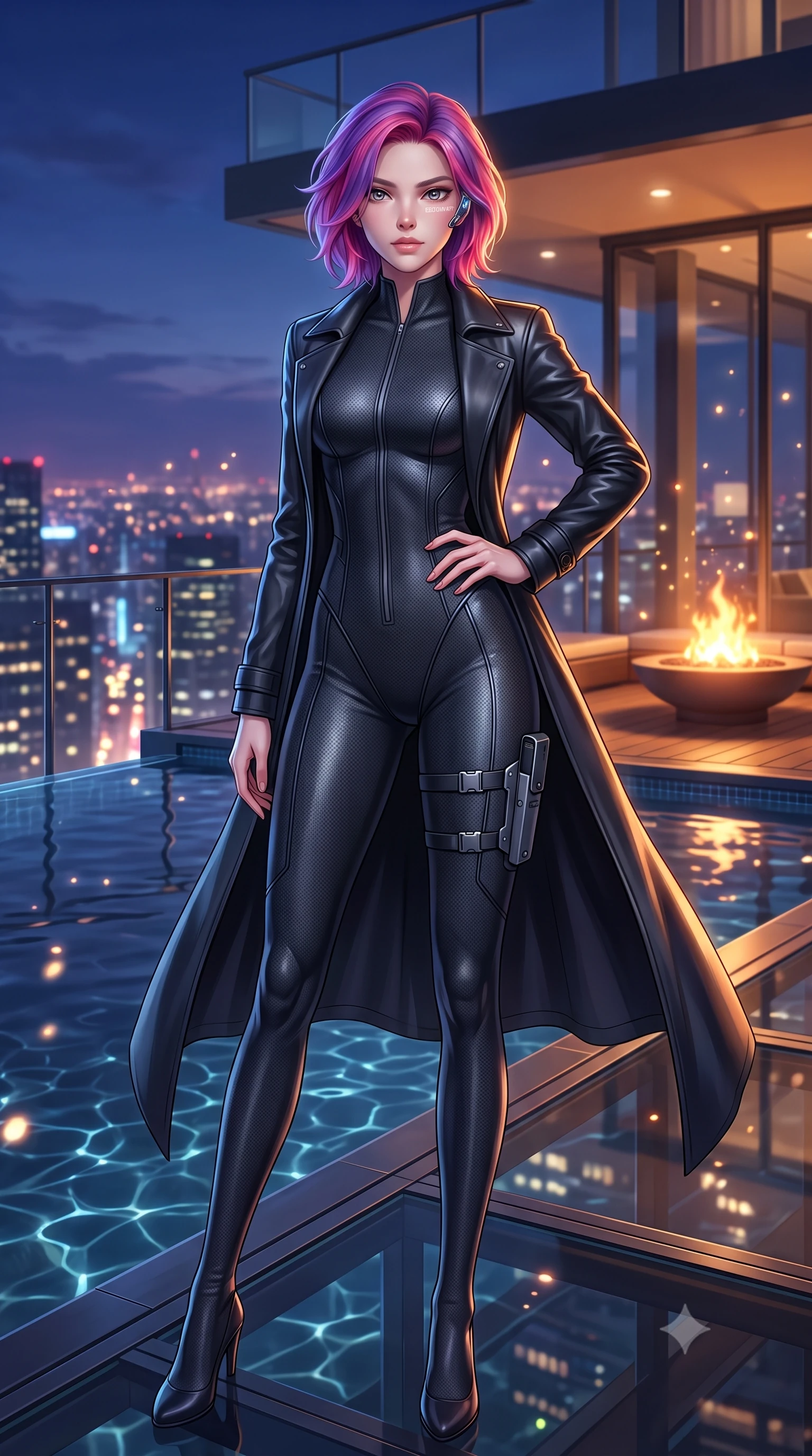 score_9, masterpiece, best quality, ultra-detailed, high-budget anime keyframe, semi-realistic 3D game render, editorial fashion photography, tasteful artistic composition, Caucasian woman. low angle full-body shot from head to toe showing her feet, filling the entire 9:16 vertical frame with her statuesque presence, stretching her vertical silhouette. standing poised with one hip cocked in an alluring high-fashion pose, her tall 8.5-heads proportions dominating the scene while pivoting gracefully beside an infinity pool as midnight city lights shimmer across the water's surface. The composition keeps background elements in soft focus with creamy bokeh. shimmering pool caustics and city neon reflections scattering radiant light motes across the deck. She has an absolutely perfect, statuesque 8.5-heads proportion, an exceptionally tall and slender model-like female figure with impossibly long slender legs, a toned flat midriff, and an ultra-slim waist. sharp v-shaped jawline, high-bridge nose, intricate jewel-like eyes with depth, thick eyelashes, glossy lips with a natural sheen, captivating and magnetic expression, flawlessly proportioned anatomical accuracy, strict slender model proportions, natural body alignment, perfectly sculpted long slender limbs, ultra-slim waistline, clean dynamic posture without body distortion. wearing a sleek second-skin dark carbon-weave infiltration catsuit paired with a tailored long leather trench coat in stealth obsidian black and midnight navy, crafted from flexible ballistic matte leather and ultra-sleek stretch neoprene, equipped with a minimalist titanium leg holster and smart holographic earpiece edition #31, the breezy yet form-flattering drape swaying gracefully with her steps, accentuating her long willowy limbs and slim waistline. bathed in twilight indigo sky tones and warm amber rooftop fire pit glow. highly saturated vibrant anime colors, detailed shading with soft gradients, rich glossy textures, high-contrast stereoscopic depth, volumetric dynamic lighting, master piece, 9:16 ratio